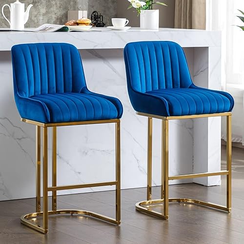 Miniatura 1 de Juego de 2 taburetes de bar de terciopelo azul, modernos taburetes tapizados con patas doradas de 26 pulgadas de altura de mostrador, sillas de isla