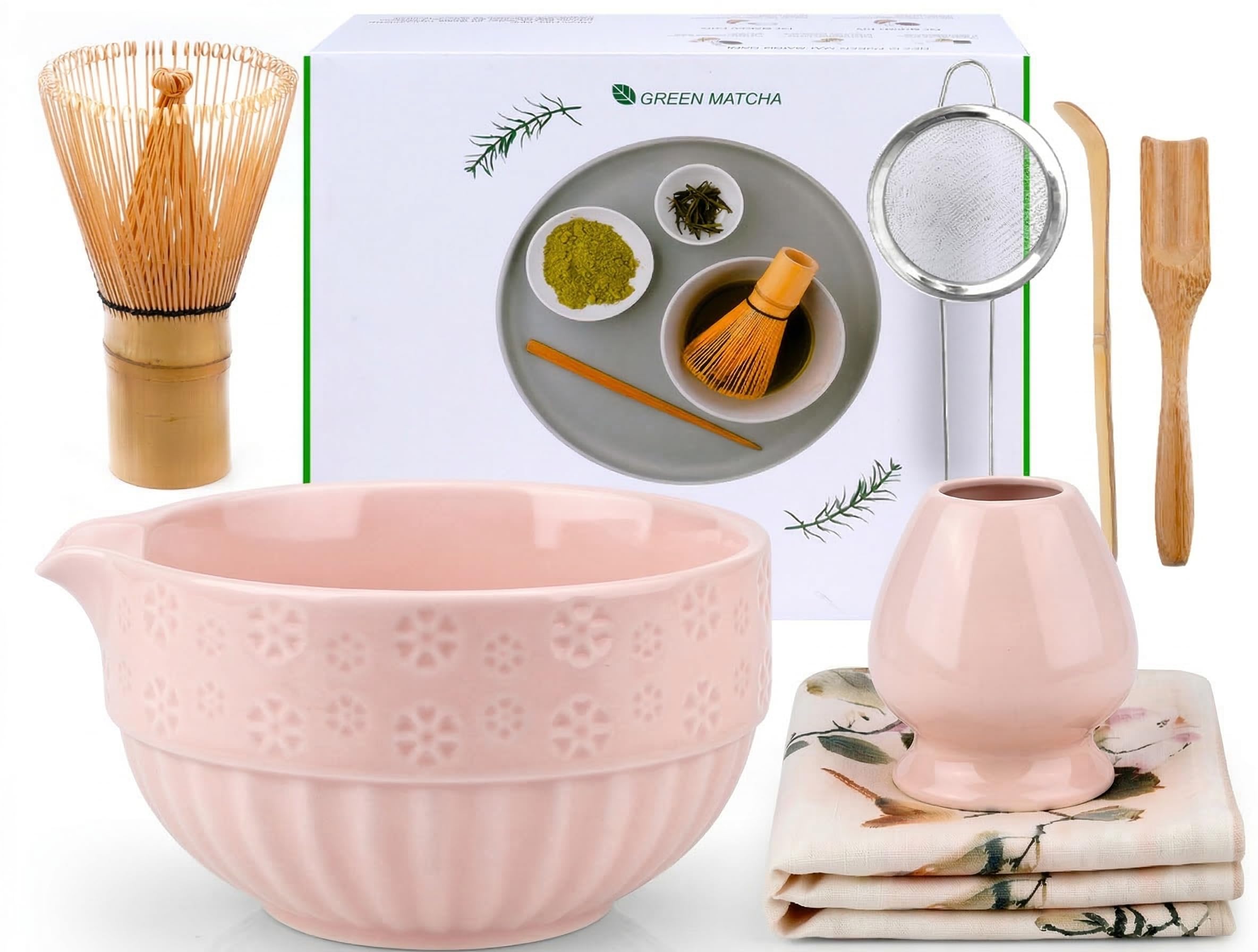 VIBINHO Matcha Set, 7-Teiliges Natürliches Set mit Bambus-Teebesen (Chasen), Keramikschale, Keramikständer für Schneebesen, Handgefertigter Traditioneller Anzug, Perfekt für Matcha-Liebhaber (Rosa)