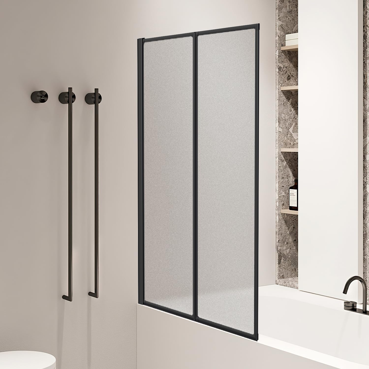 Pannello doccia per vasca da bagno, 100 x 140 cm, in plastica, pieghevole, 2 pezzi, telaio in alluminio nero, montato a sinistra o a destra, con struttura opaca