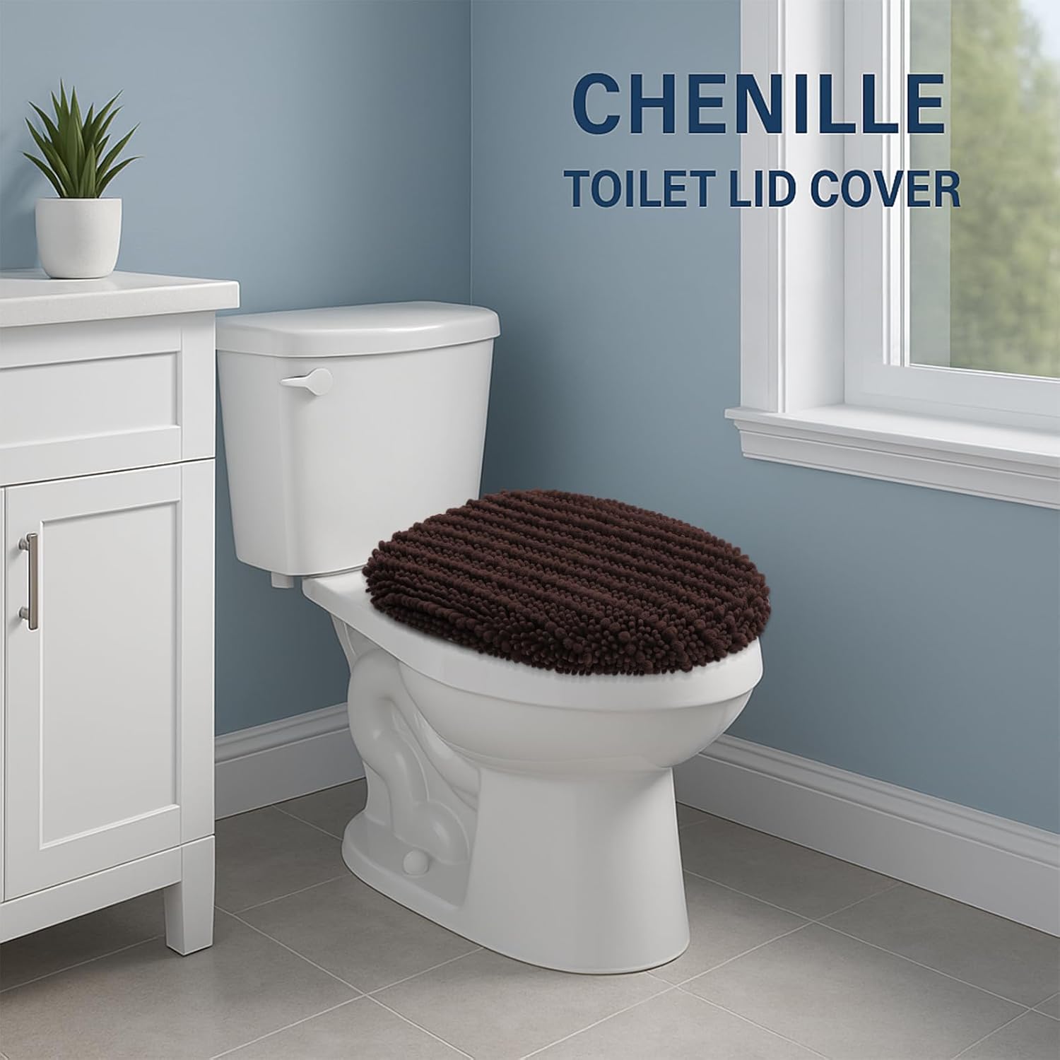 Arotive Soft Chenille Bathroom Toilet Lid Cover 17.5x15, Machine Washable Seat Covers, Stays in Place Non-Slip Backing, Fits Most Round, Elongated and Oblong Lids, Accessories Decor, Brown