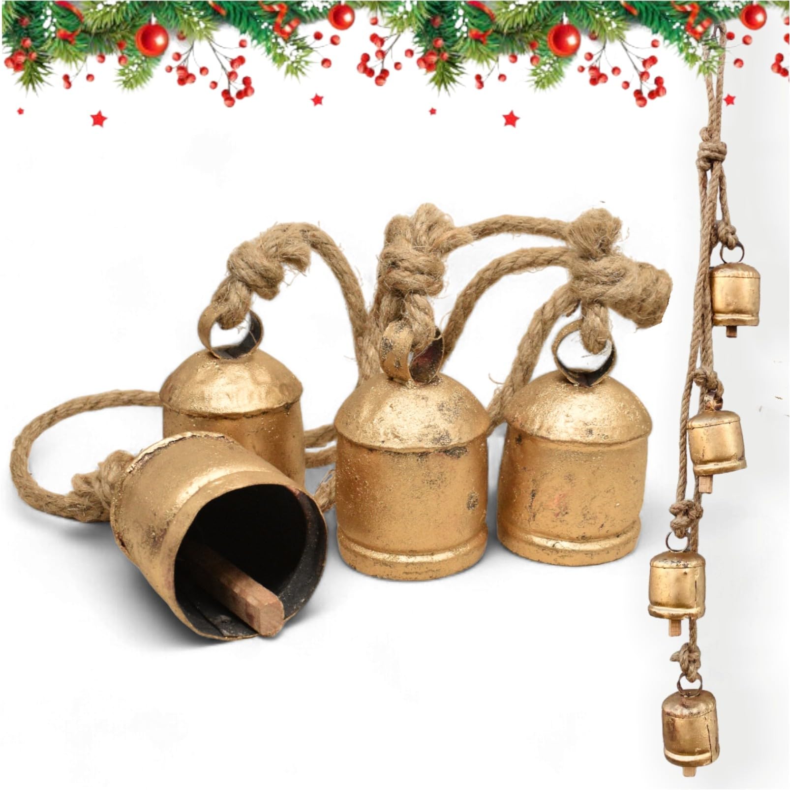 Harmony Country Style Shabby Chic Vintage Christmas Decor Mantle Wreath Lucky Charm Rustic Decorative Bell 4 Hanging Bells, Brass Gold Cowbells with Jute Rope