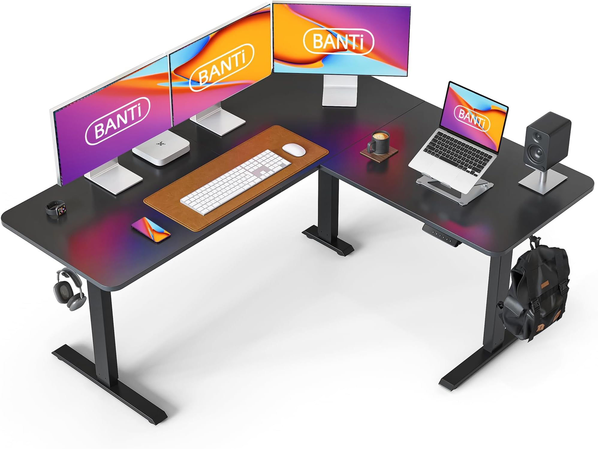 BANTI 63" L Shaped Standing Desk Adjustable Height, Electric Corner Standing Desk, Standing L Desk for Home Office, Black Frame/Black Top