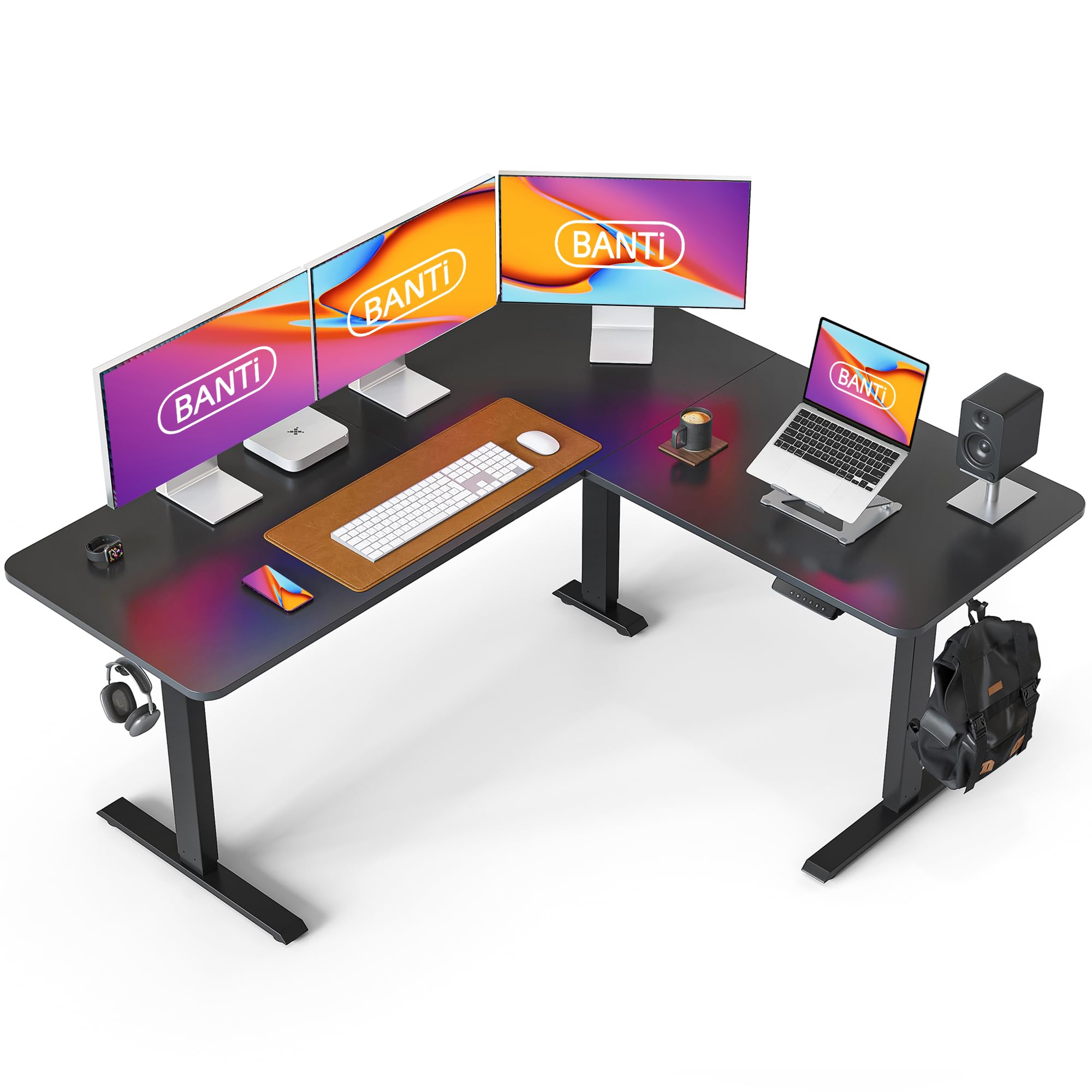 BANTI 63" L Shaped Standing Desk Adjustable Height, Electric Corner Standing Desk, Standing L Desk for Home Office, Black Frame/Black Top