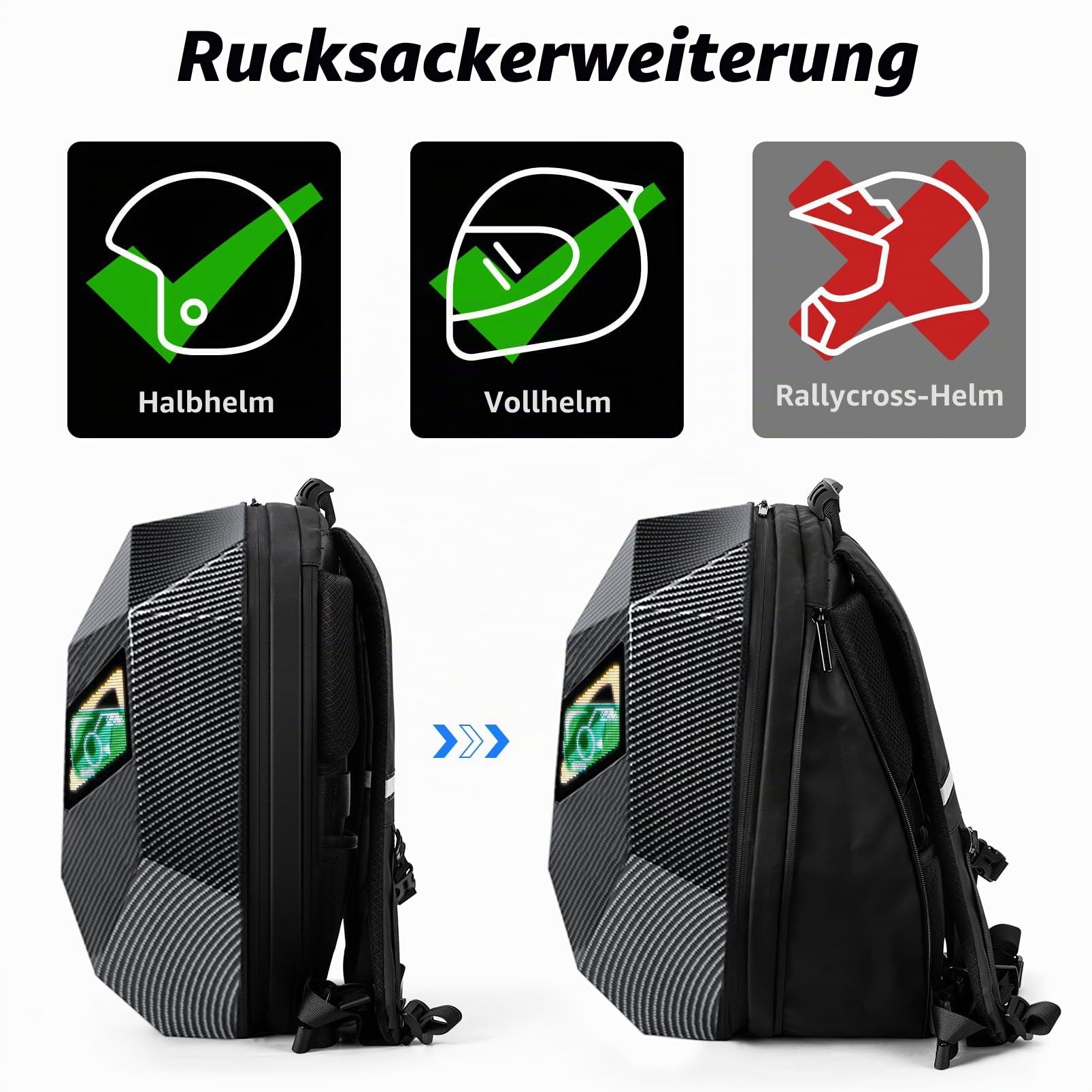 48 cm LED Motorrad Knight Rucksack für Männer, Hard Case Fahrrucksack Motorrad Laptop Tasche Wasserdicht, DIY Programmierbarer Full Color Display & Augen