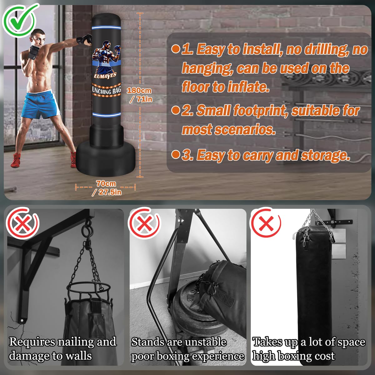 Saco de Boxeo de pie 180cm con Guantes y Bomba de Aire Eléctrica para Entrenamiento MMA Muay Thai