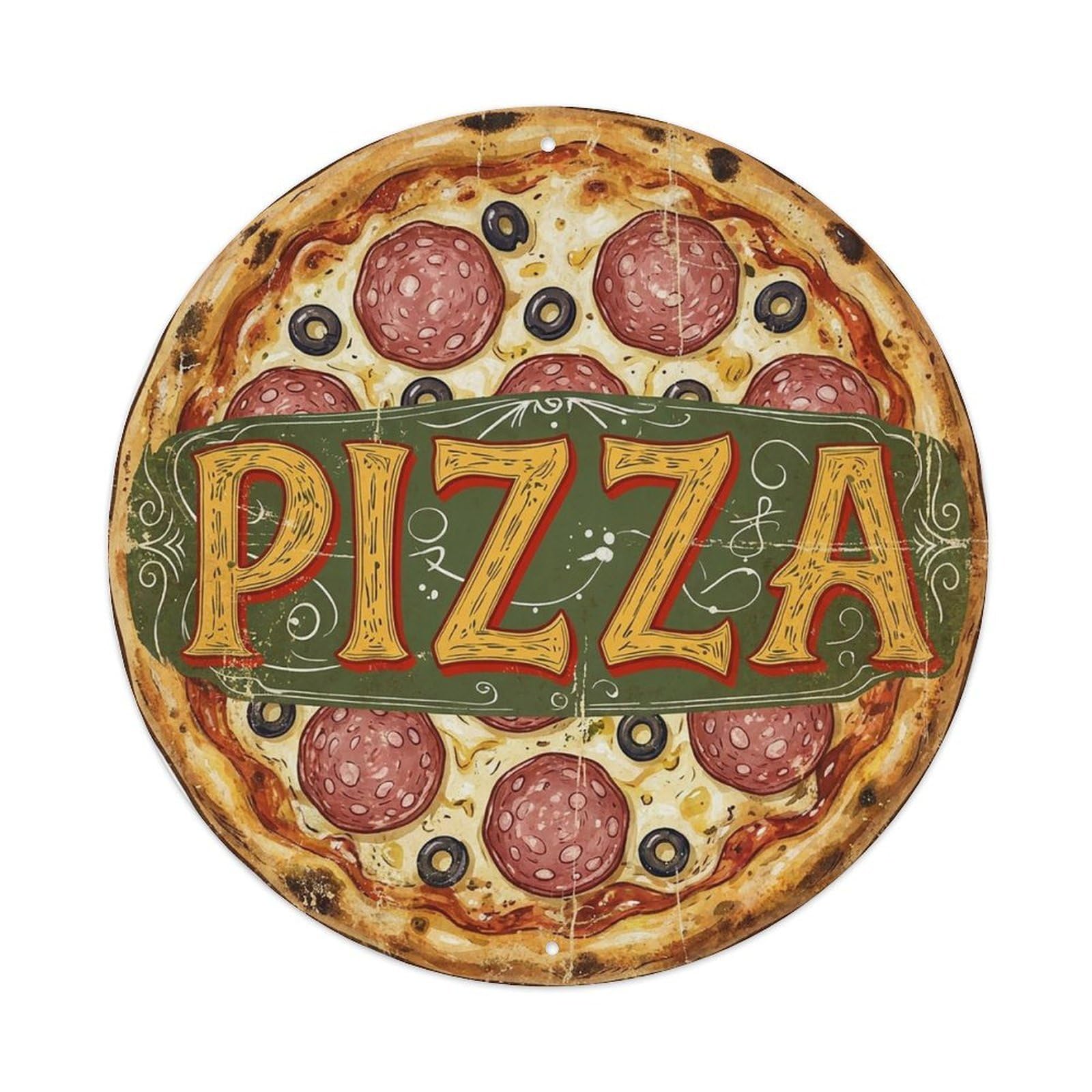 Yrnq 8X8inch Vintage Style Vintage Pizza Salami Olive Cheese Food Decoration Metal Tin Sign