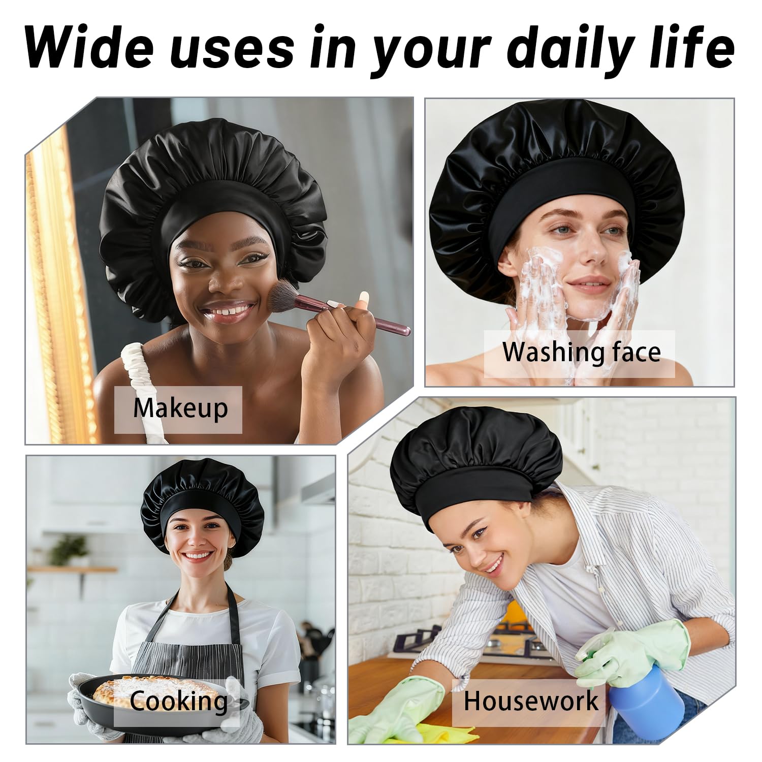 Gorro de Satén para Dormir | Gorro con Banda Elástica Ancha | Gorro para Cabello Rizado Trenzas Afro y Rastas (Negro)