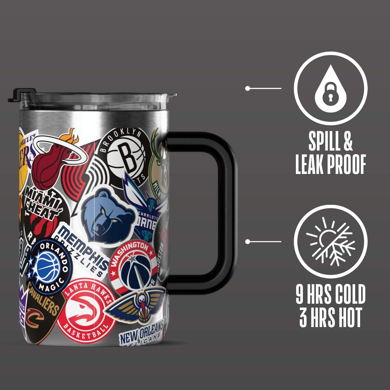 Hydrapeak x NBA Officially Licensed All-Team 18oz Insulated Coffee Mug with Flip Lid and Handle for Travel, Cold/Hot, Stainless Steel Coffee Cup Insulated, BPA-Free Double Walled, Tea Mug