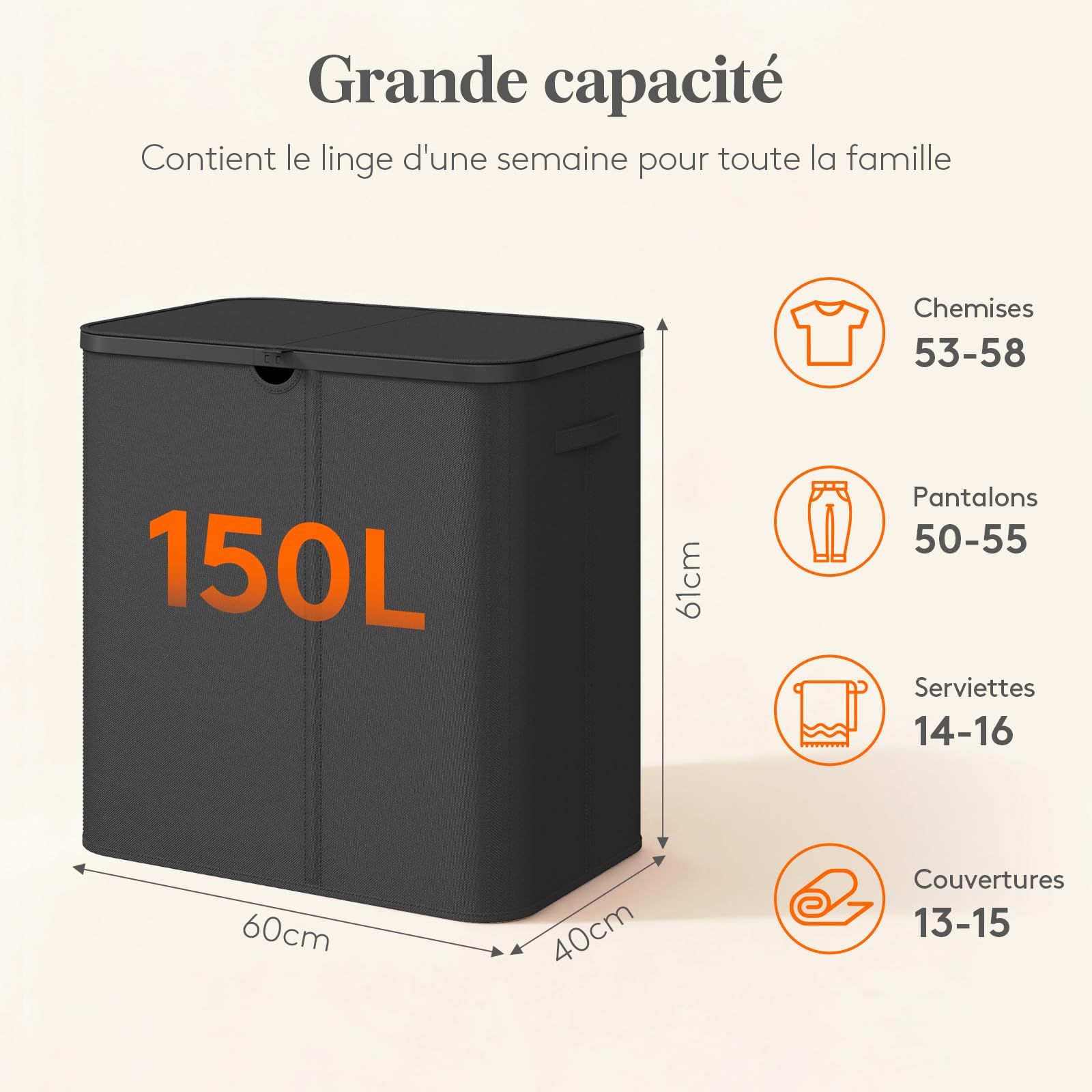 Lifewit Panier à linge Sale avec Couvercle, Grande Corbeille Linge Pliable 3 Compartiments avec Sacs Amovibles, Laundry Basket pour Chambre, Salle de Bain, Dortoir et Buanderie, 150L, Noir