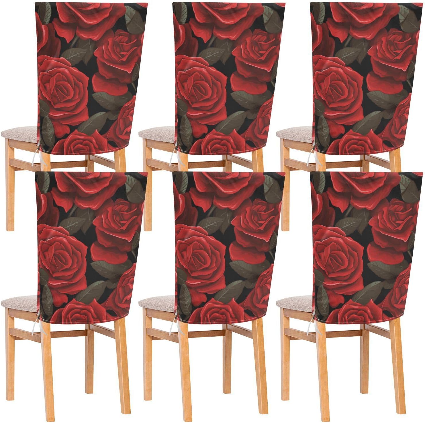 ALAZA Red Rose Black Background Chair Back Cover Set of 6, Washable Reusable Removable Chair Slipcovers Decorative Chair Cover for Home Kitchen Wedding Party