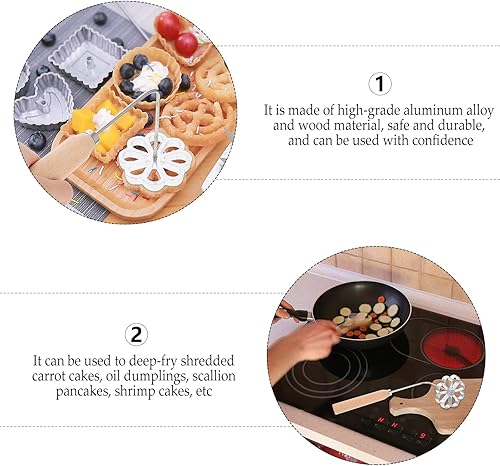 Miniatura 9 de Luxshiny Molde frito en forma de flor con mango: Molde de aluminio para hacer albóndigas Tortas de zanahoria