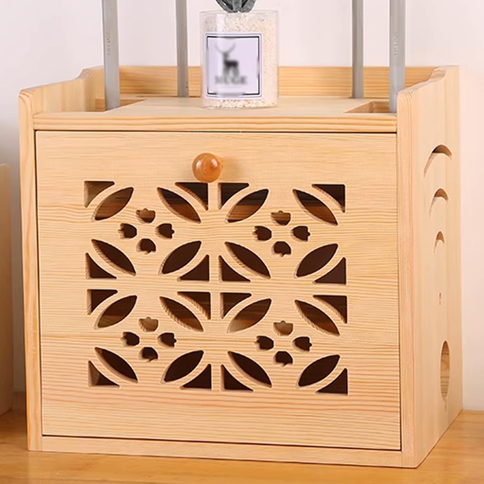 Rangement routeur Wi-Fi bois massif et support de bureau pour câbles