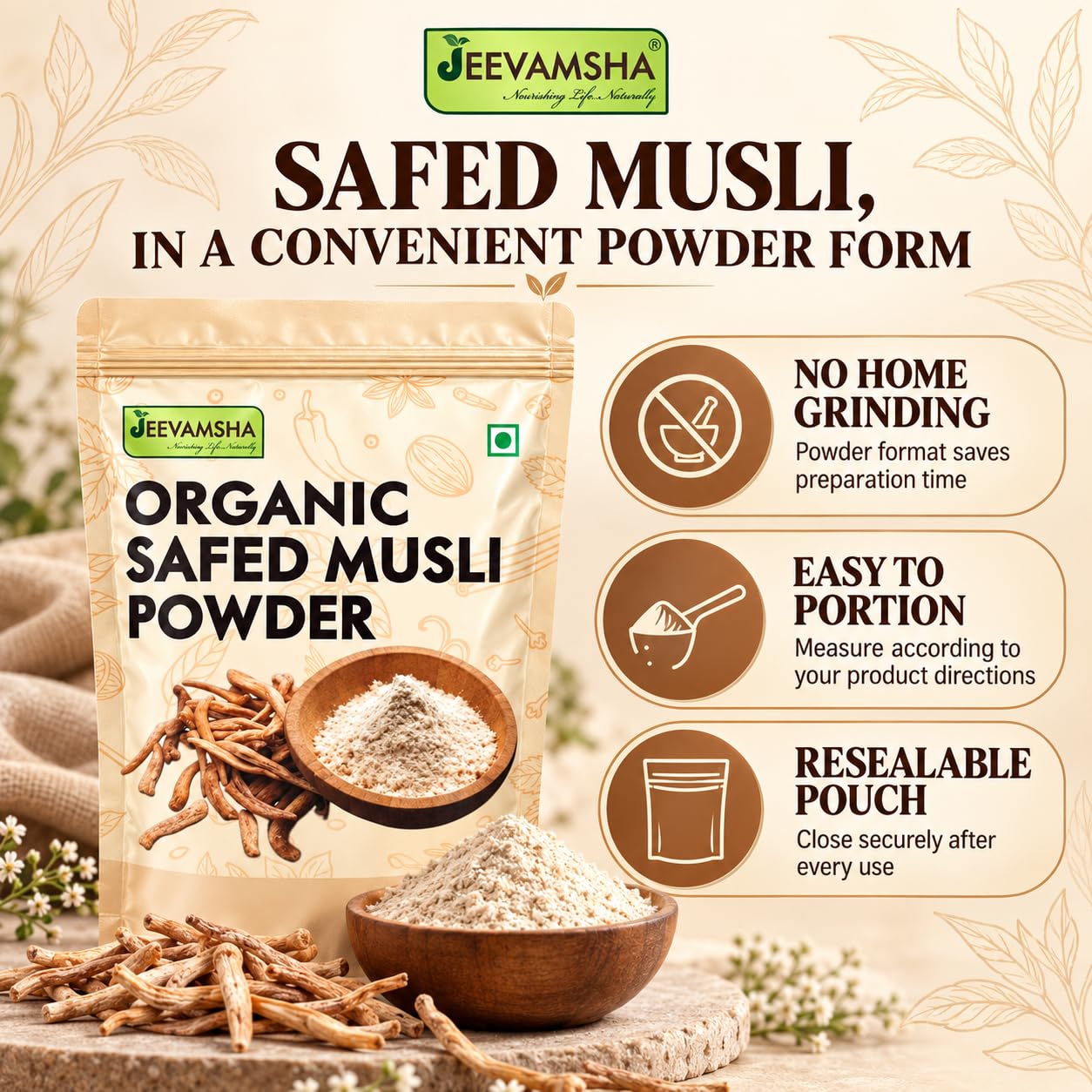 Safed Musli Powder 100g – Organic Pure & Natural | Ayurvedic Supplement for Strength, Stamina, Energy & Immunity | Chlorophytum Borivilianum | Herbal Powder — Amazon image 2