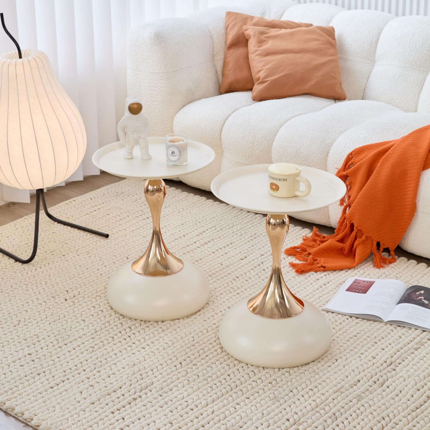 2-Pack Modern Round Side Table - White Tabletop & Gold Pedestal Base, Stylish Accent End Table for Living Room, Bedroom & Office (White Set)