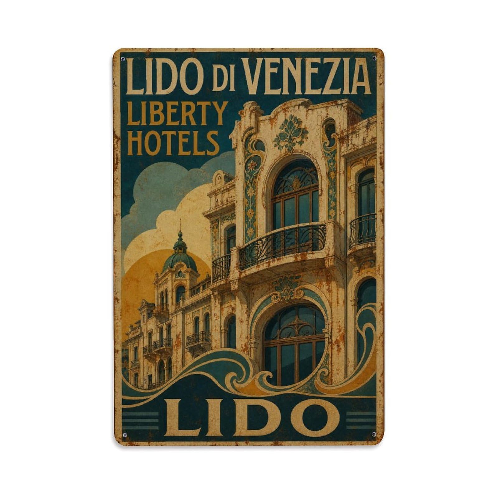 Huiyhb 8X12inch(20X30cm) Vintage Travel Lido Venezia Liberty Hotels Ornate Italy Metal Tin Sign