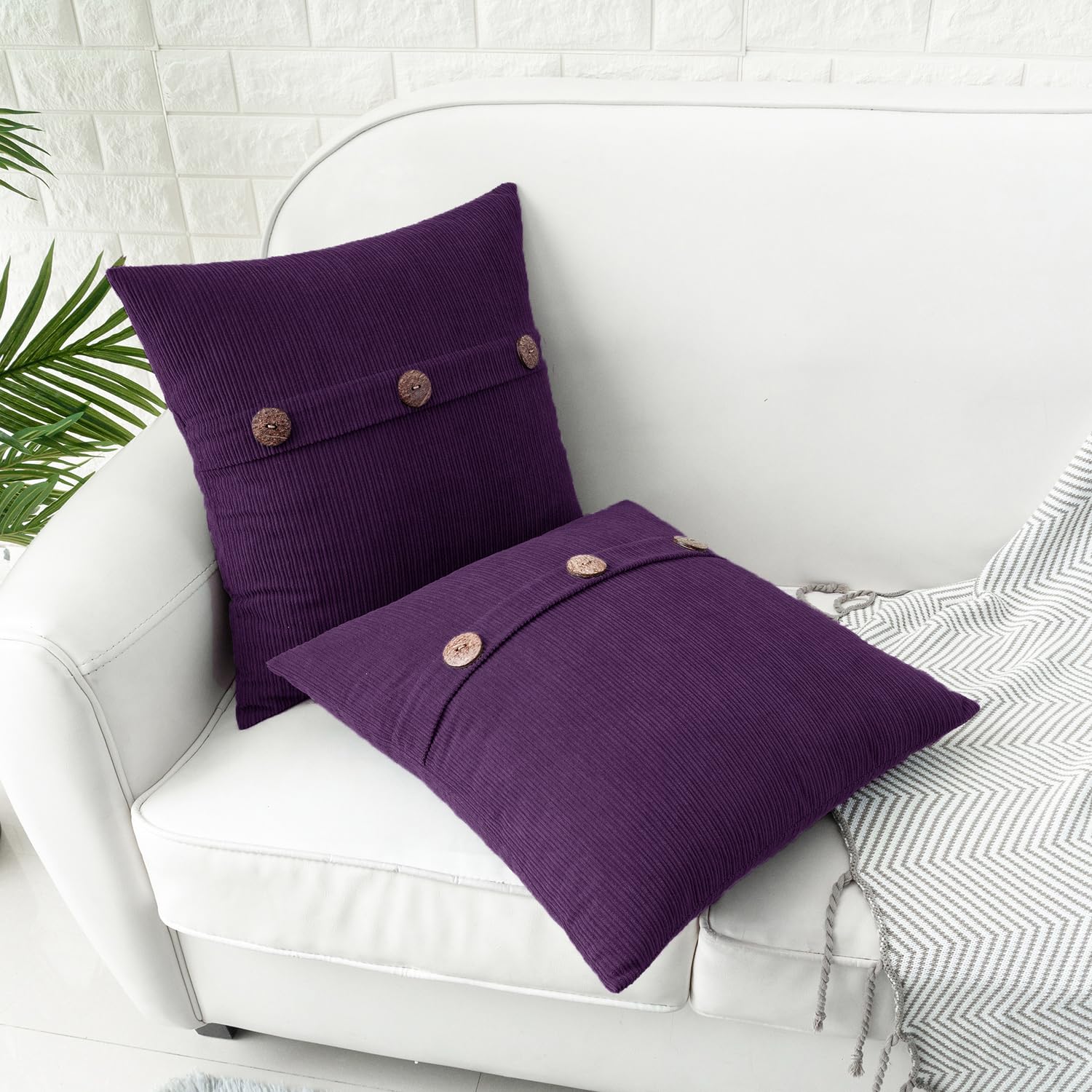 HWY 50 Purple Chenille Cushion Covers 45cm x 45cm (18"x18") with Triple Buttons, Set of 2 - Image 3
