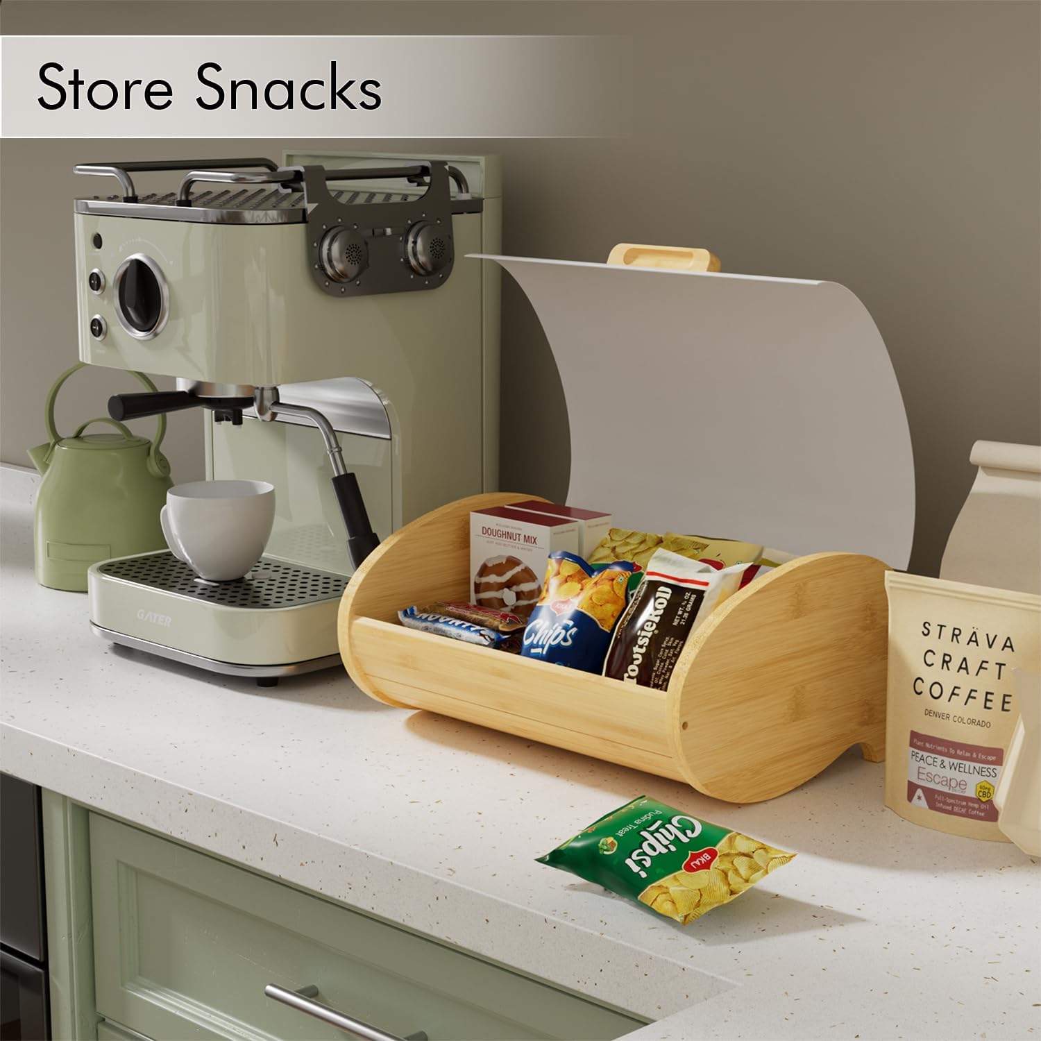 Modern Bread Box for Kitchen Countertop, Bamboo Storage Container with Stainless Steel Lid, Bread Storage Bin for Homemade Bread, Kitchen Storage Container for Potato and Onion and Fruit (White Large)