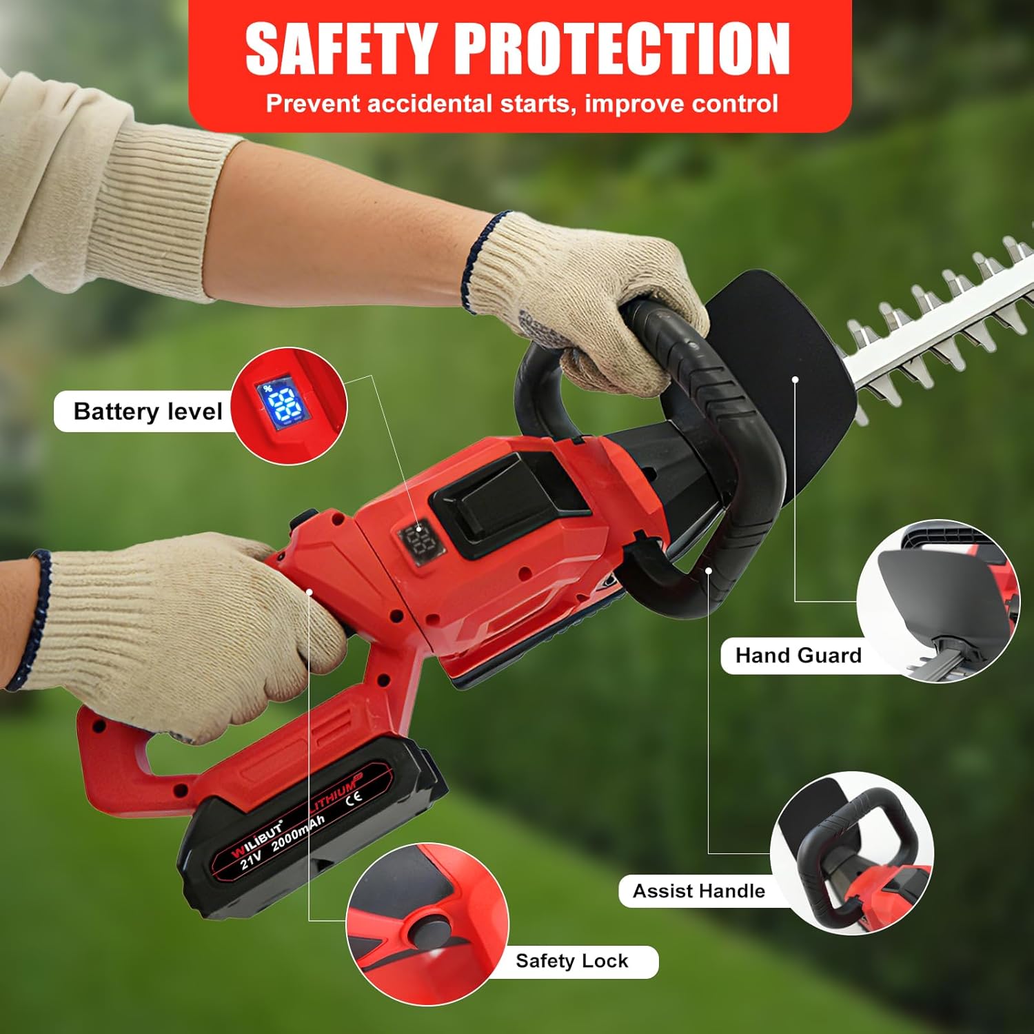 22" Cordless Hedge Trimmer, Electric Bush Trimmer with LCD Power Display, 180° Rotatable Handle, 3500RPM, SK5 Dual-Action Blade Hedge Clippers Handheld with 2 Pack Battery and Charger, Red