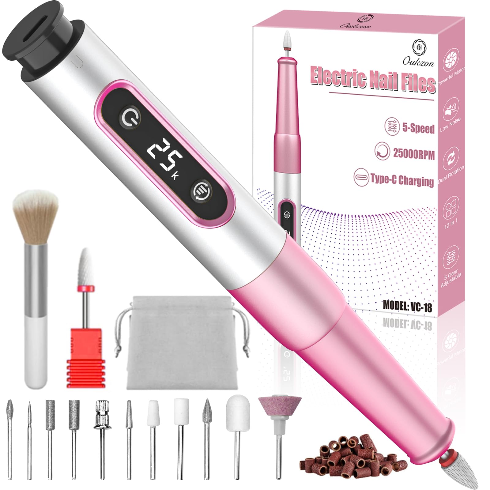 Oukzon Electric Nail Files Cordless, 13 in 1 Electric Nail Drill 25000RPM 5 Speeds