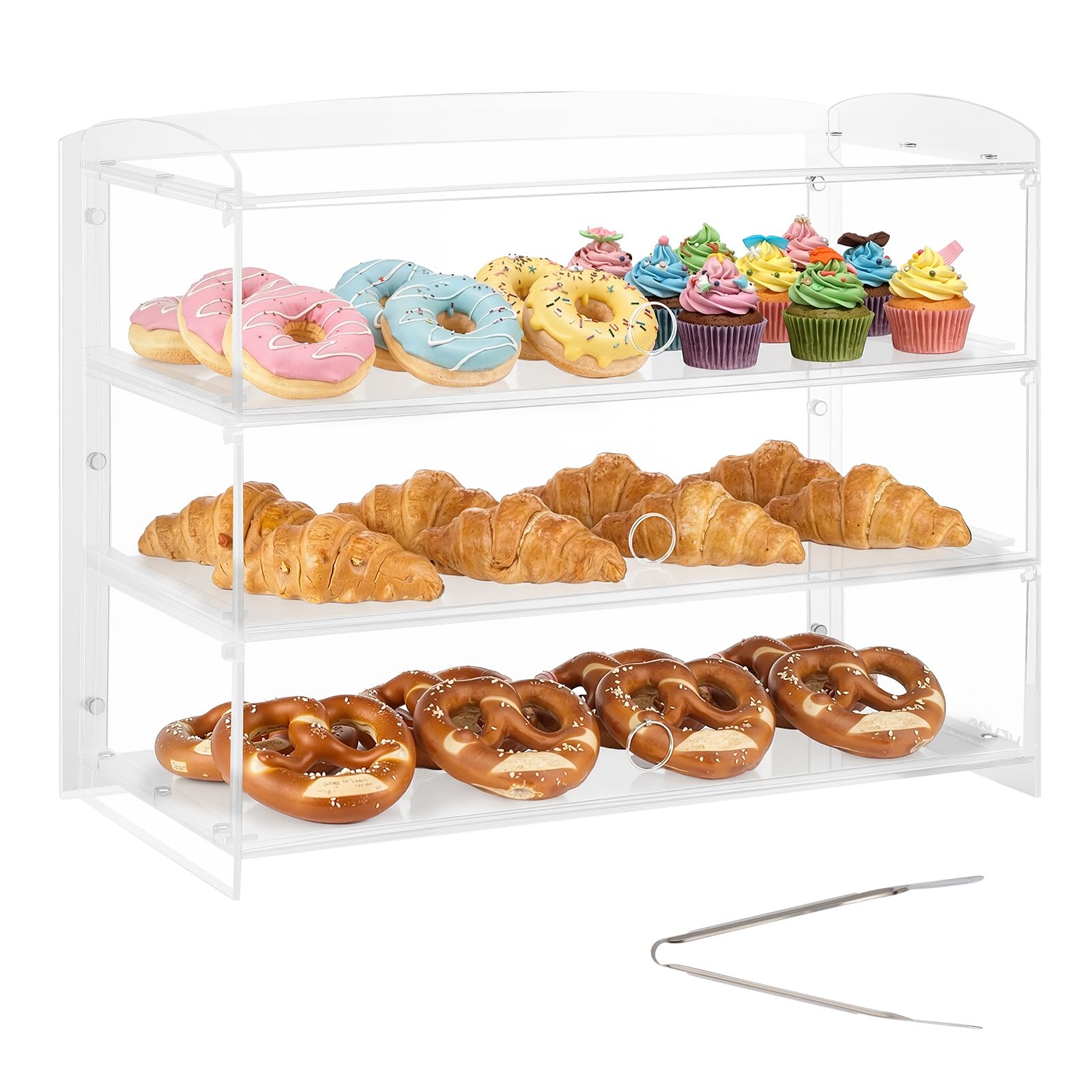 VEVOR Vetrina per Pasticceria da Banco Espositore a 3 Ripiani da Banco in Acrilico Vetrina Portapane Torte con Anta a Ribalta per Biscotti, Torte, Ciambelle, da Panetteria 482 x 232 x 380 mm