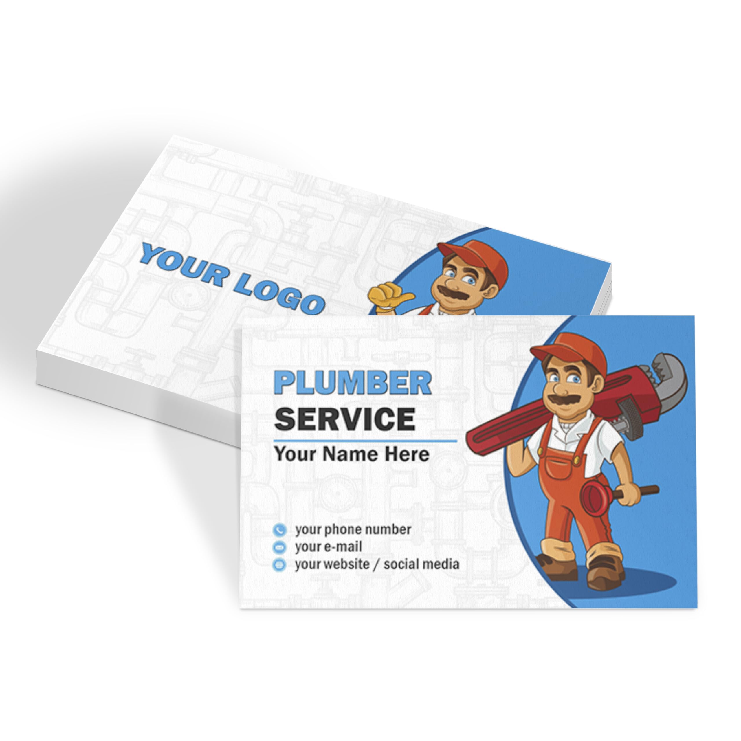 lepni.me Custom Plumber Business Cards with Your Name, Phone, Email, Site Personalized Cute Plumber Illustration in White and Blue Design for Plumbing Service Gloss Mat, Simple or Laminated, All PCS โ image 1
