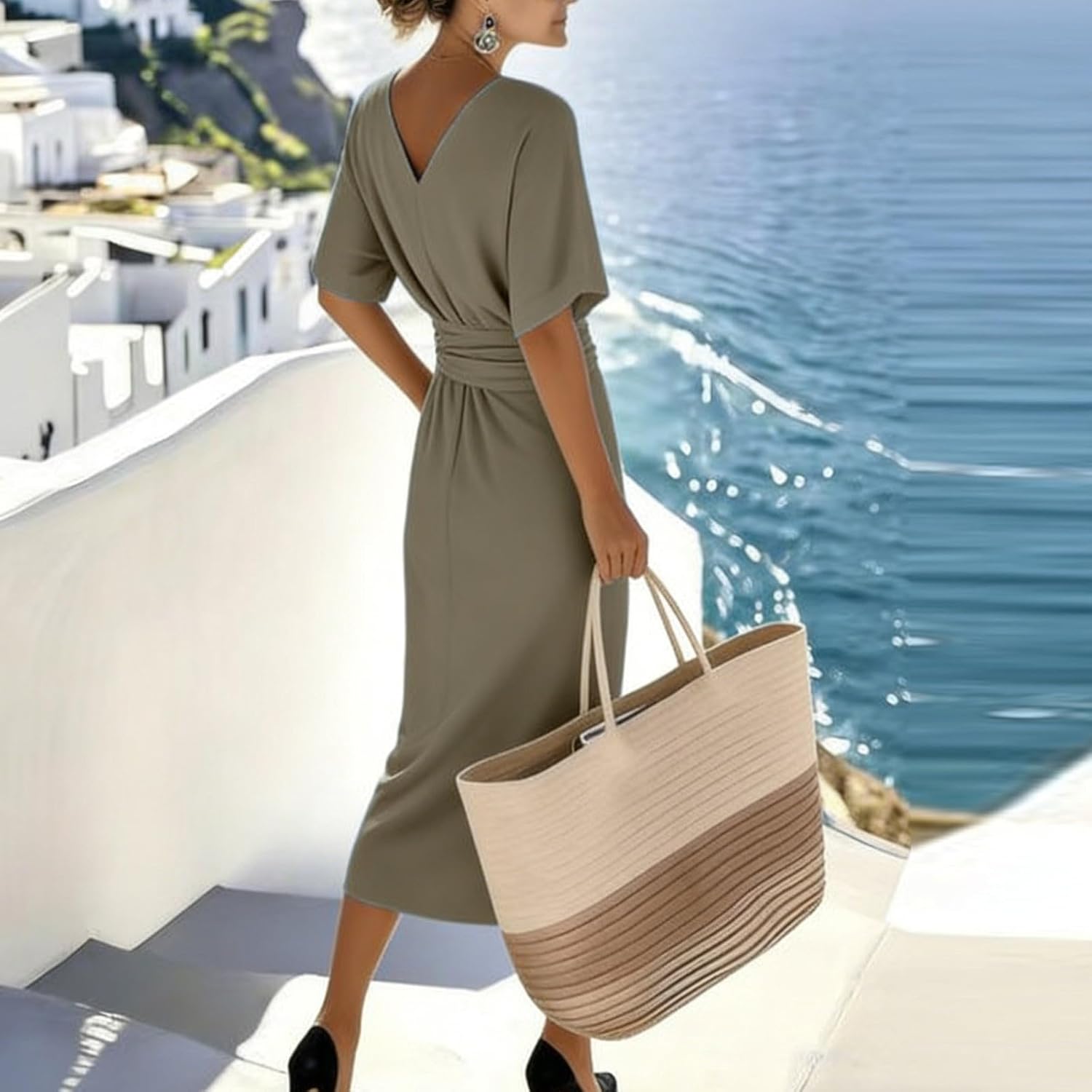 Women's V Neck Midi Dress Short Sleeve Wrap Travel Loose Casual Dresses with Pockets Summer Beach Vacation Outfits