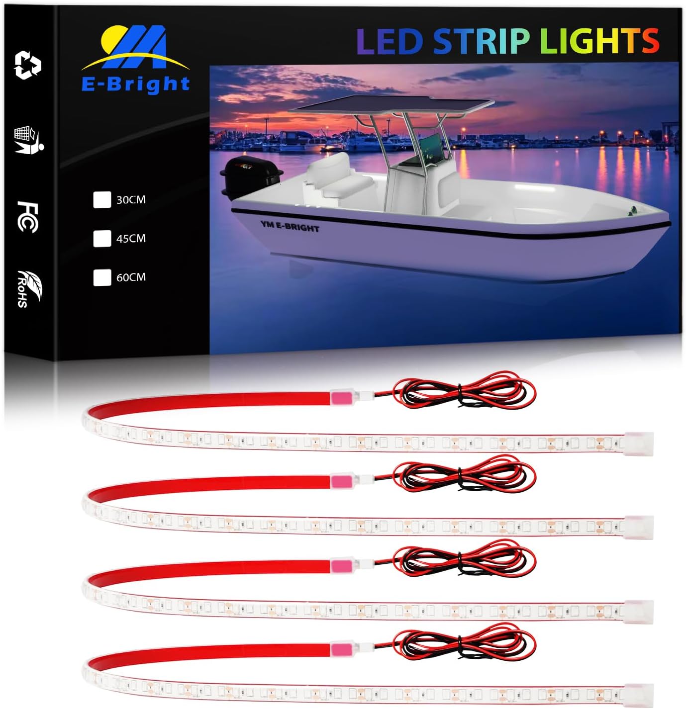 YM E-Bright Marine LED Navigation Light Strips, 12inch Red Green 12V 4PCS | IP68 strips add bow, stern, and night-fishing visibility for compatible boats, pontoons, kayaks, and jet skis.