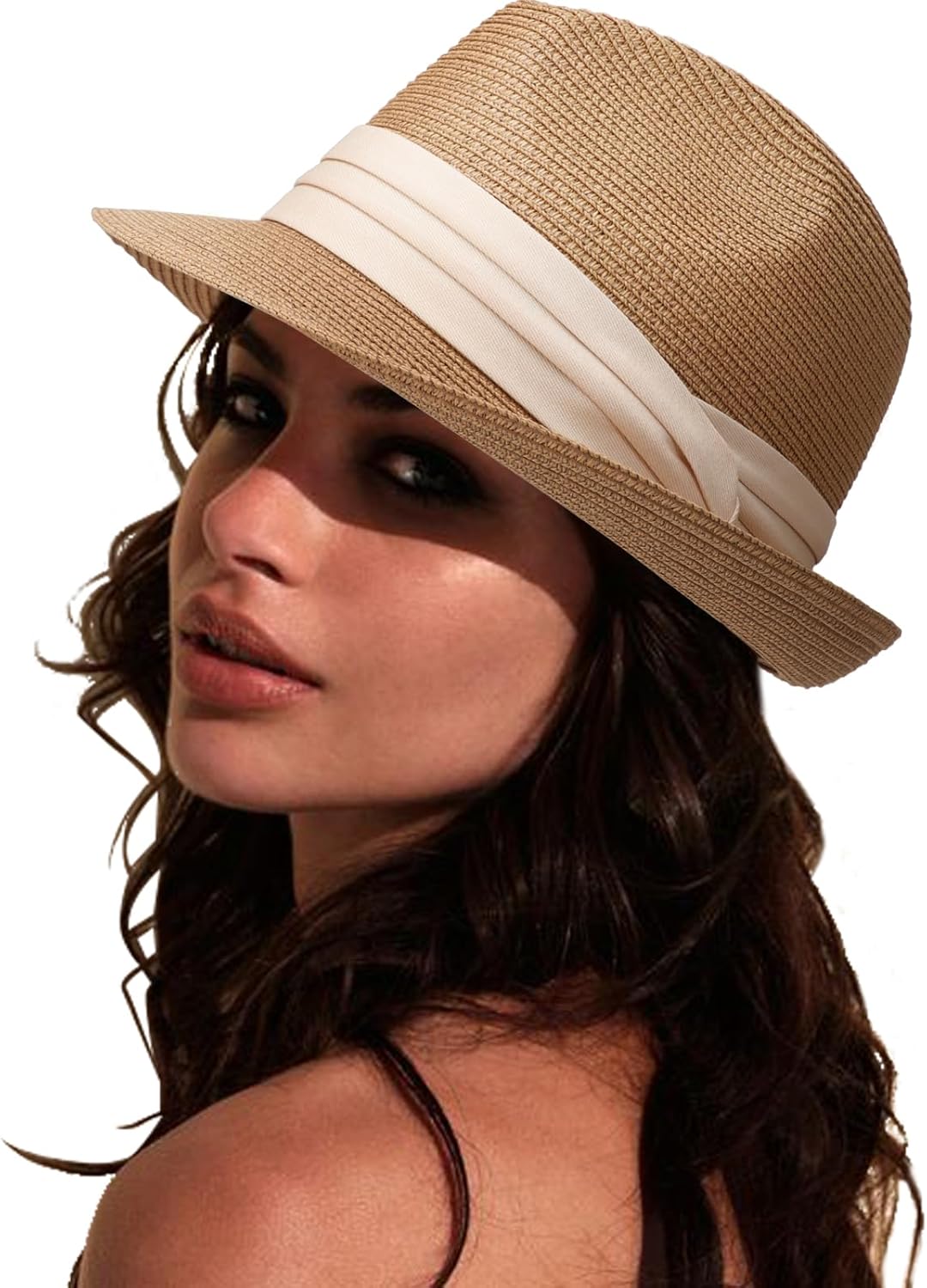 DRESHOW Women Straw Panama Hat Travel Fedora Beach Sun Hat Summer Wide Brim Straw Roll up Hats UPF 50+