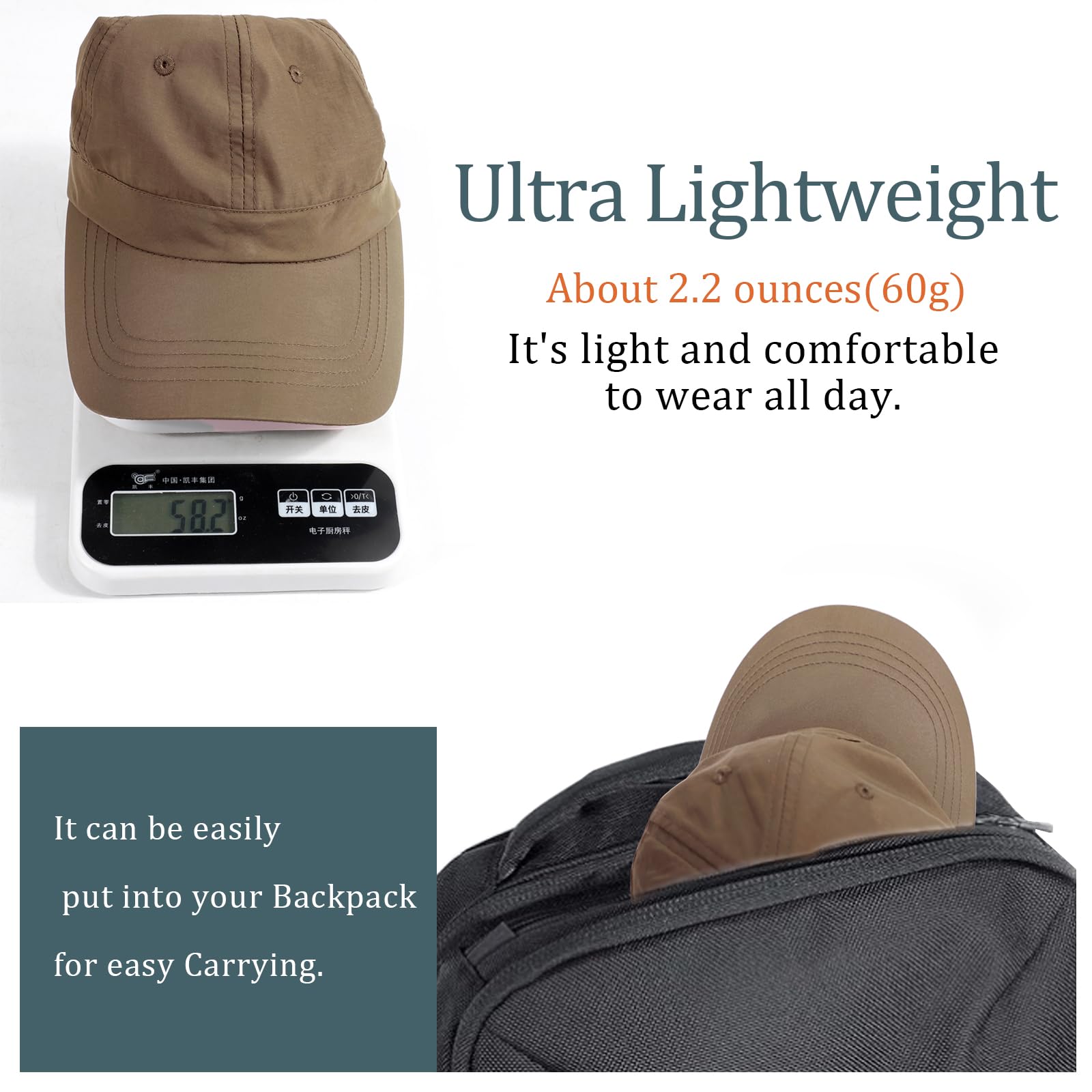 Gorra de béisbol resistente al agua para hombre, sombrero de lluvia plegable para correr al aire libre, sombrero de pesca solar, Caqui oscuro (bolsillo con cremallera), Talla única 5