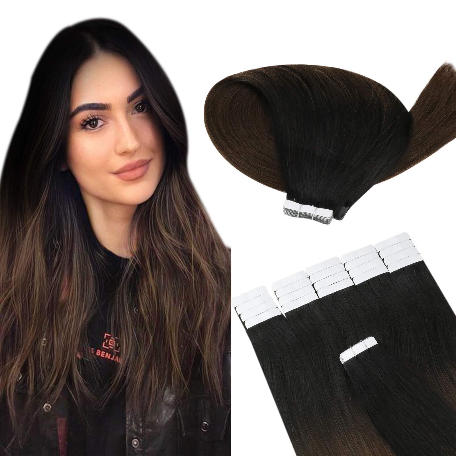 JoYoung Hair Extensions Tape in Ombre Black to Dark Brown 14inch Skin Weft Tape Extensions Human Hair Ombre Black Tape Hair Extensions 20pcs 50g