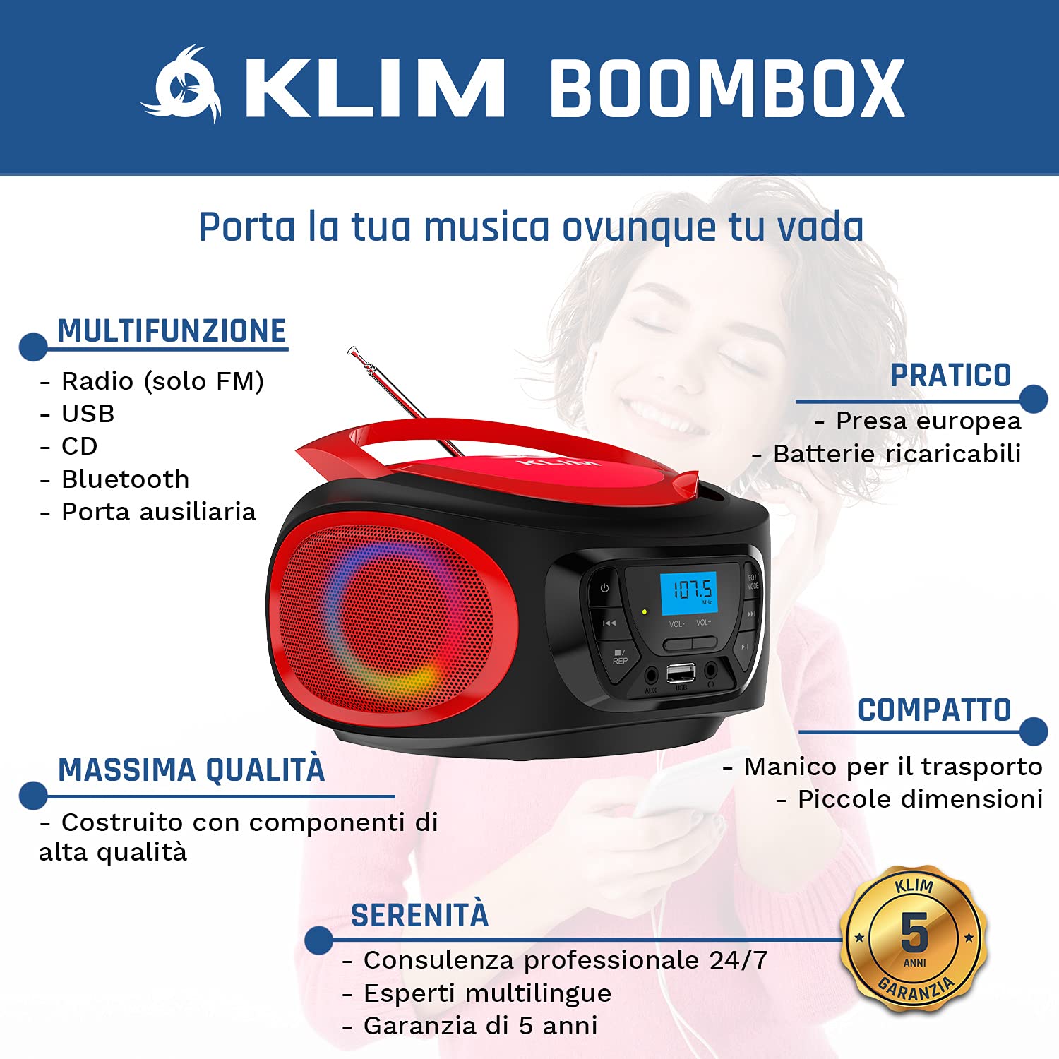 KLIM Boombox – Stereo Portatile Radio portatile FM, lettore cd, Bluetooth, MP3, USB, AUX - Batterie ricaricabili incluse - Connessione AUX e Wireless - Compatto e robusto - NOVITÀ - Rosso