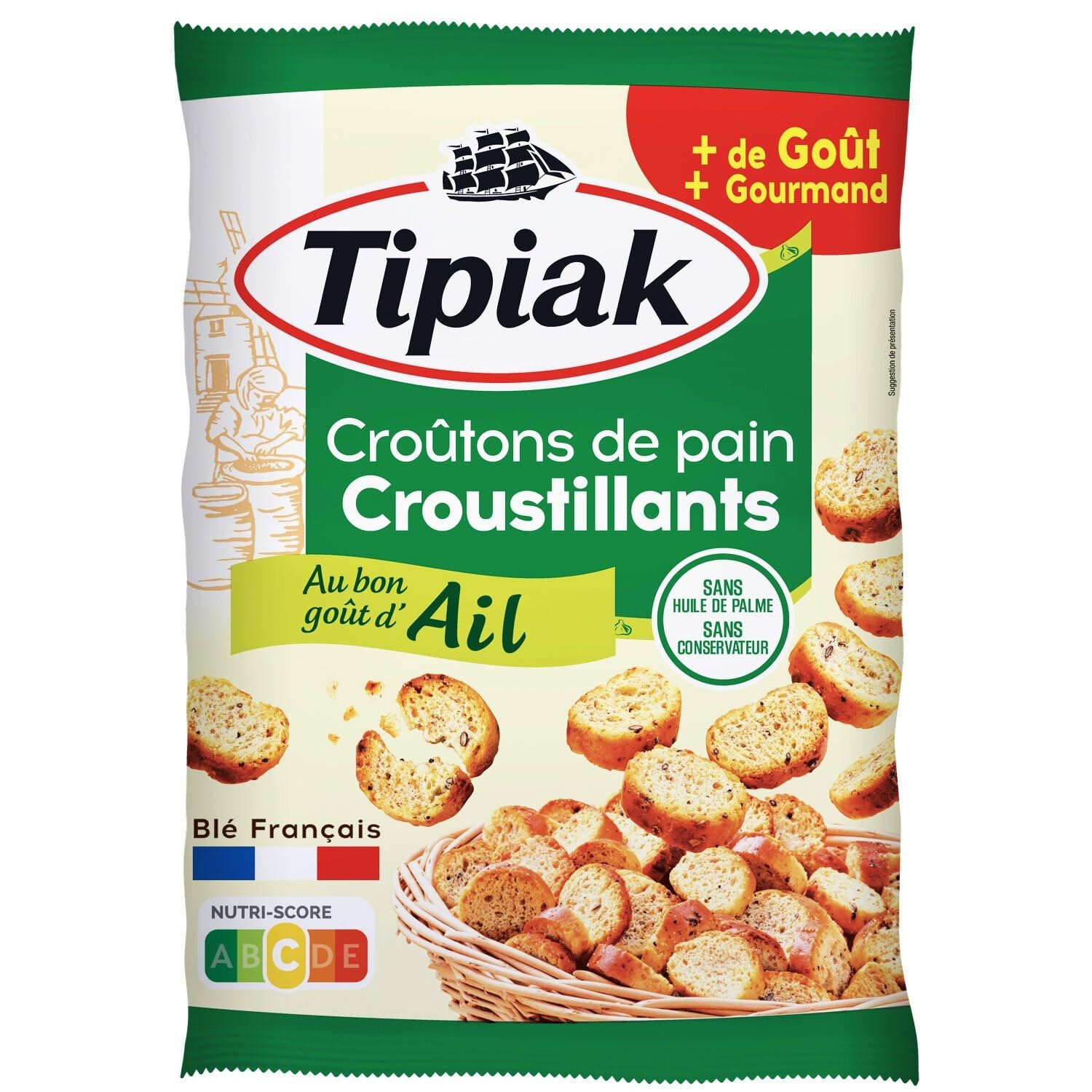 TIPIAK – Croûtons Dorés à l’Ail, Saveur Intense et Texture Croustillante pour Salades et Soupes (Sachet 220g) - Le lot de 3