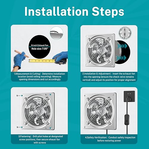 Miniatura 4 de HG Power Ventilador de escape de 8 pulgadas, ventilador de escape de cocina de acero inoxidable 576CFM, ventilador de ventilación de garaje montado