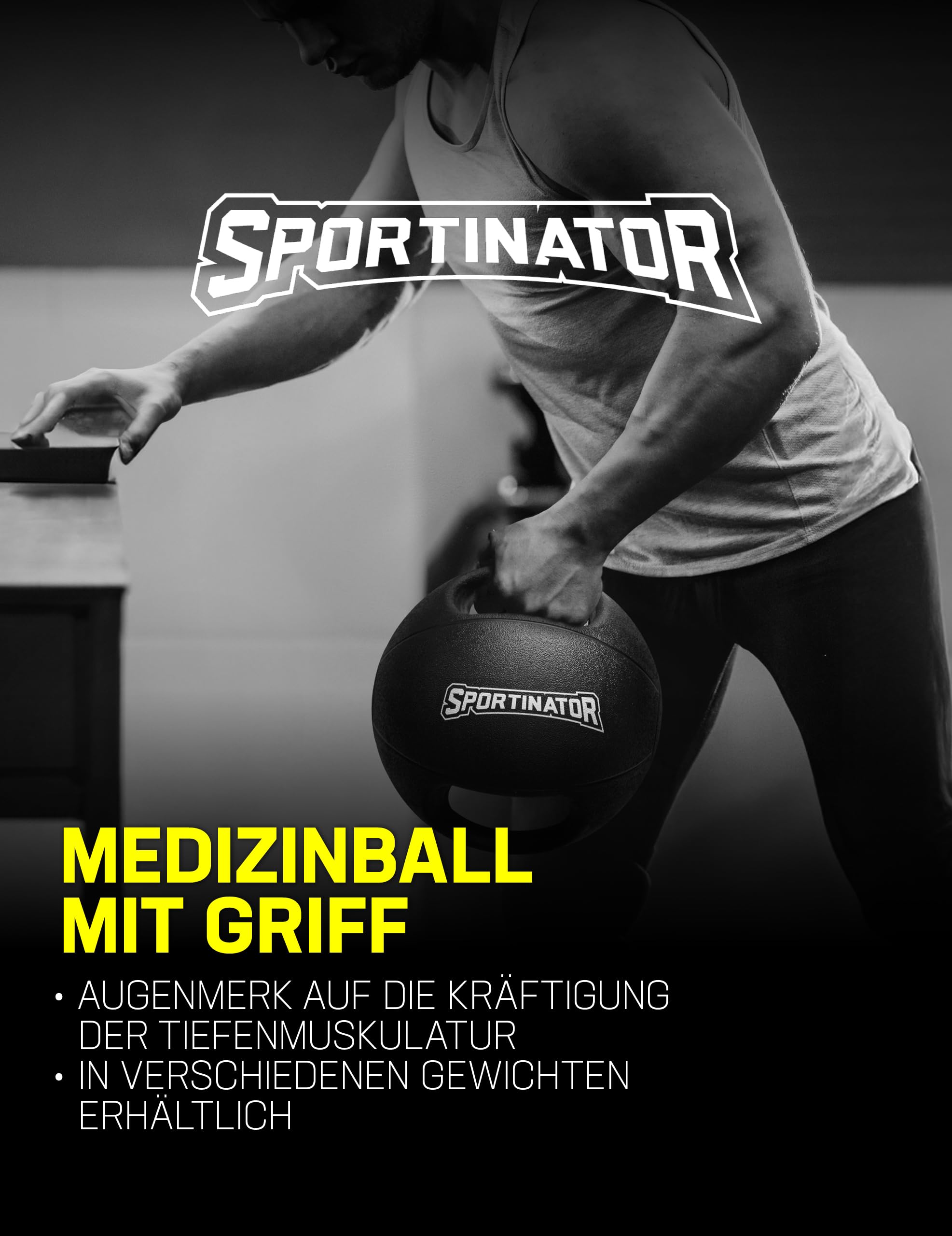 SPORTINATOR® Trainings Medizinball mit integrierten Griffen, mit Gewichtsangabe auf dem Ball, ideal für Kraft- und Konditionstraining | Gewicht von 3 kg bis 10 kg