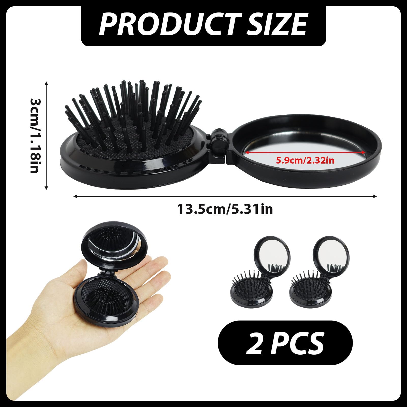 2 Pack Hair Brush with Mirror, Round Folding Pocket Travel Mini Boar Bristle Hair brushes - Image 2