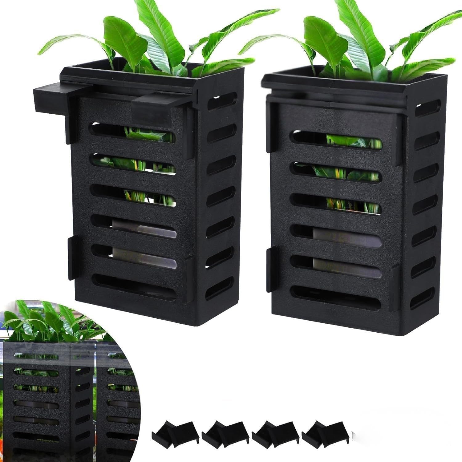 VAYINATO® 2 Pcs Black Hanging Water Plant Holder (Box Type) Pot for Aquarium Fish Tank, Aquaponics and Hydroponics with Hooks for Easy Installation by Petzlifeworld