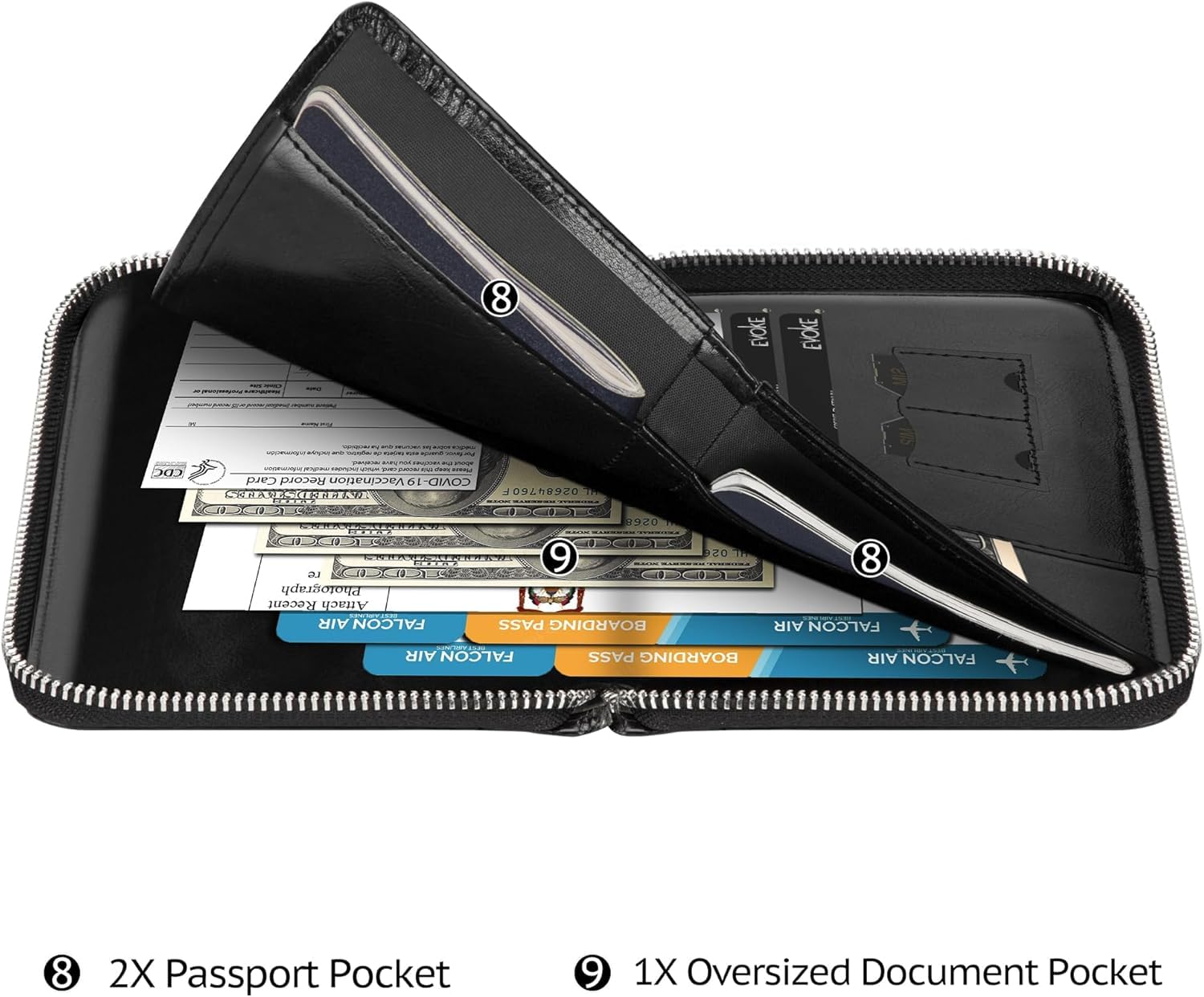 Cartera de cuero genuino para pasaporte, funda de bloqueo RFID con cierre de cremallera y 3 bolsillos para pasaporte, Negro, Vintage