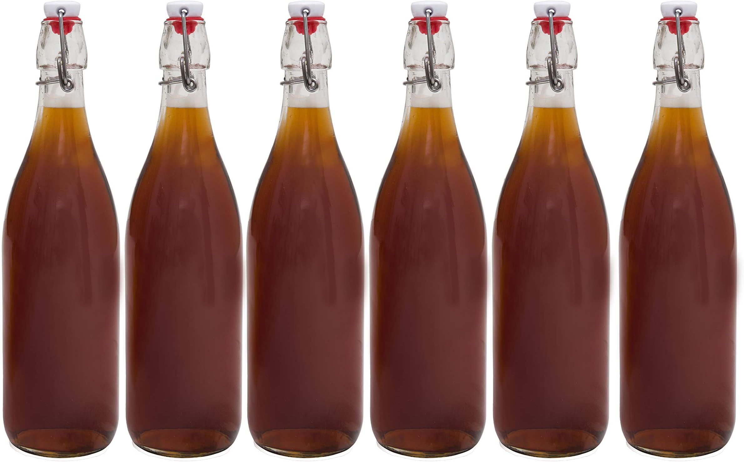 Glass Bottles with Swing Top - Flip Top Bottles - Clear Color - 35oz Size - Set of 6 Brewing Bottles - Leak Proof with Easy Caps - Bonus Gaskets - 1 Liter (Free Brush and Funnel Included)