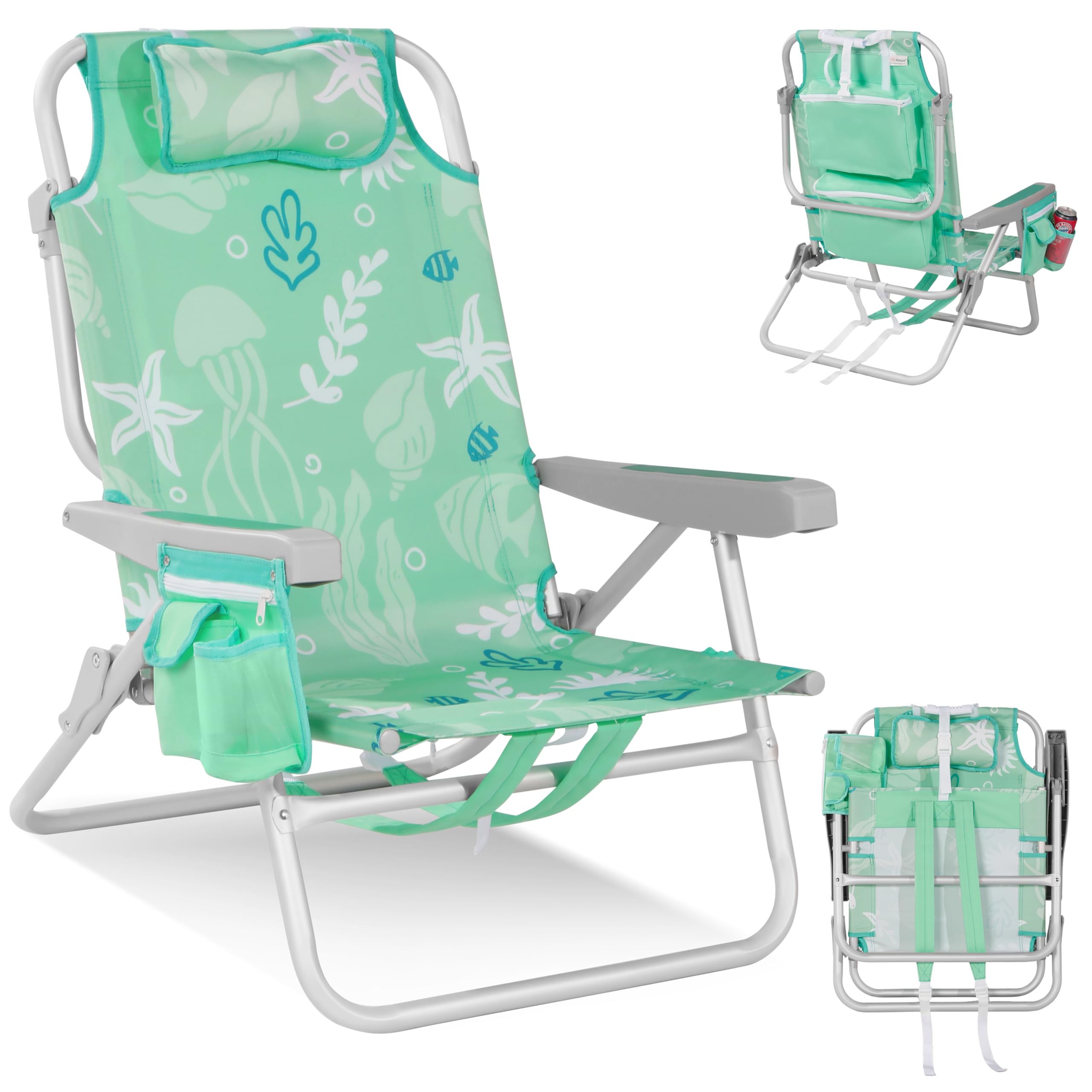 Homecall Join Nature Chaise de plage pliante légère avec dossier réglable à 5 niveaux - Pliable jusqu'à 150 kg - Pour la plage, l'extérieur (basse, océan menthe, 1 pièce)