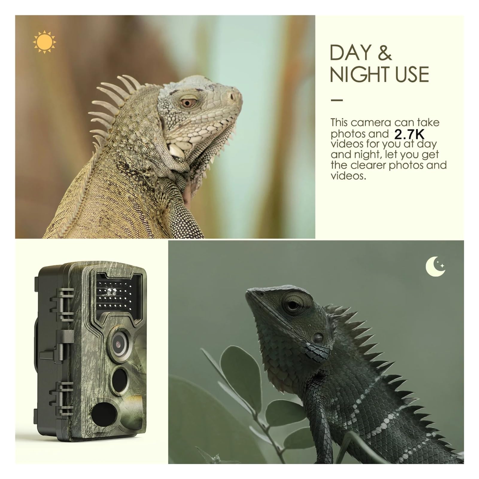 Cámara Vida Silvestre Cámara De Rastreo Y Juego 58MP, 2,7 K, con Visión Nocturna, 3 Sensores PIR, IP66, Infrarroja Activada por Movimiento A Prueba Agua For Caza Al Aire Libre(2.7K)