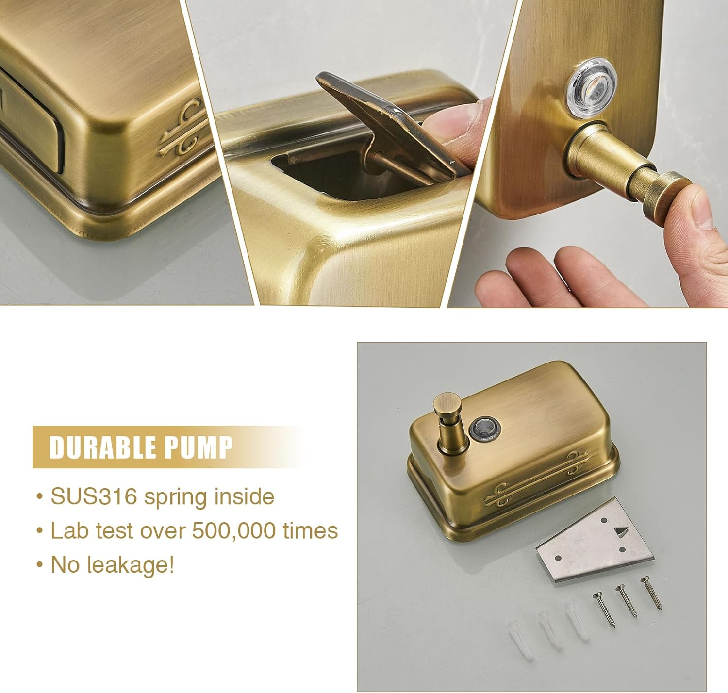 Gold Commercial Soap Dispenser Wall Mount Stainless Steel Soap Dispenser for Bathroom Rust-Proof Lining Liquid Hand Sanitizer Dispenser for Hotels Restaurants Bathroom and Home 500ml/17oz - Image 3