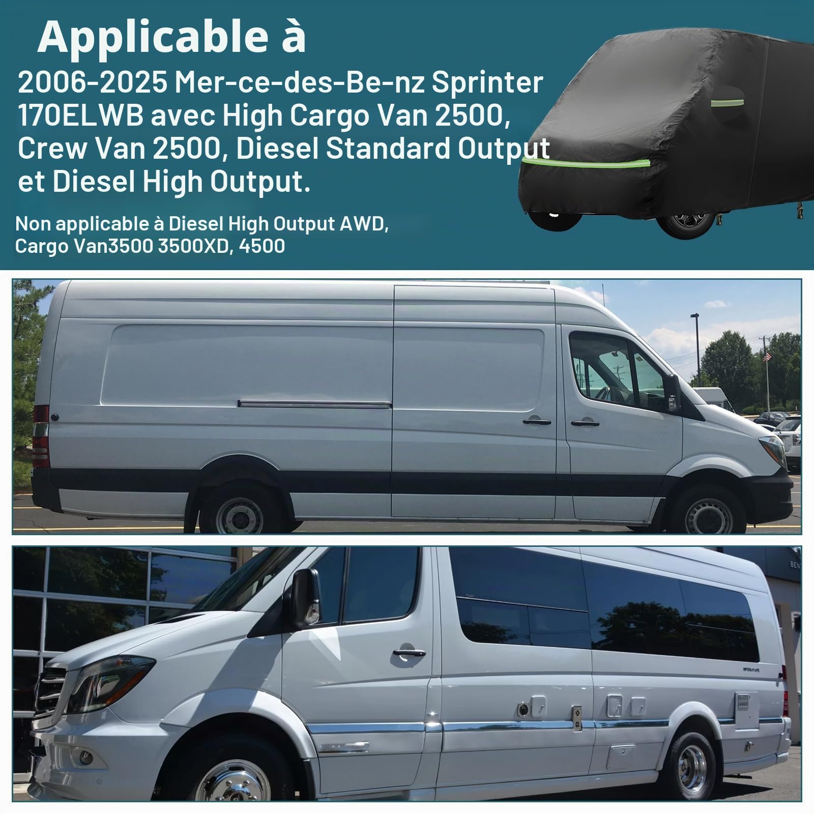 Housse de voiture complète pour Mercedes Sprinter 2006-2025, housse imperméable avec fermeture éclair de porte latérale, bandes coupe-vent, pluie, neige, UV, poussière, toutes saisons, grêle