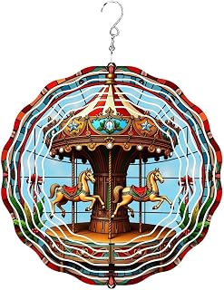 Wind Spinner Outdoor 10 Inch Stained Glass Carousel with Horses_2 for Yard and Garden 3D Stainless Steel Wind Sculpture Unique Gift Hanging Spinner Ornament Decoration