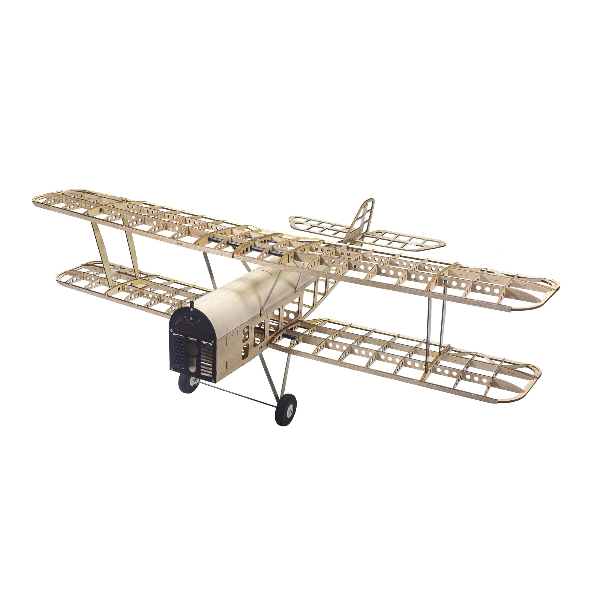 A finished and covered S.E.5a biplane model flying in the sky, demonstrating its flight capabilities.