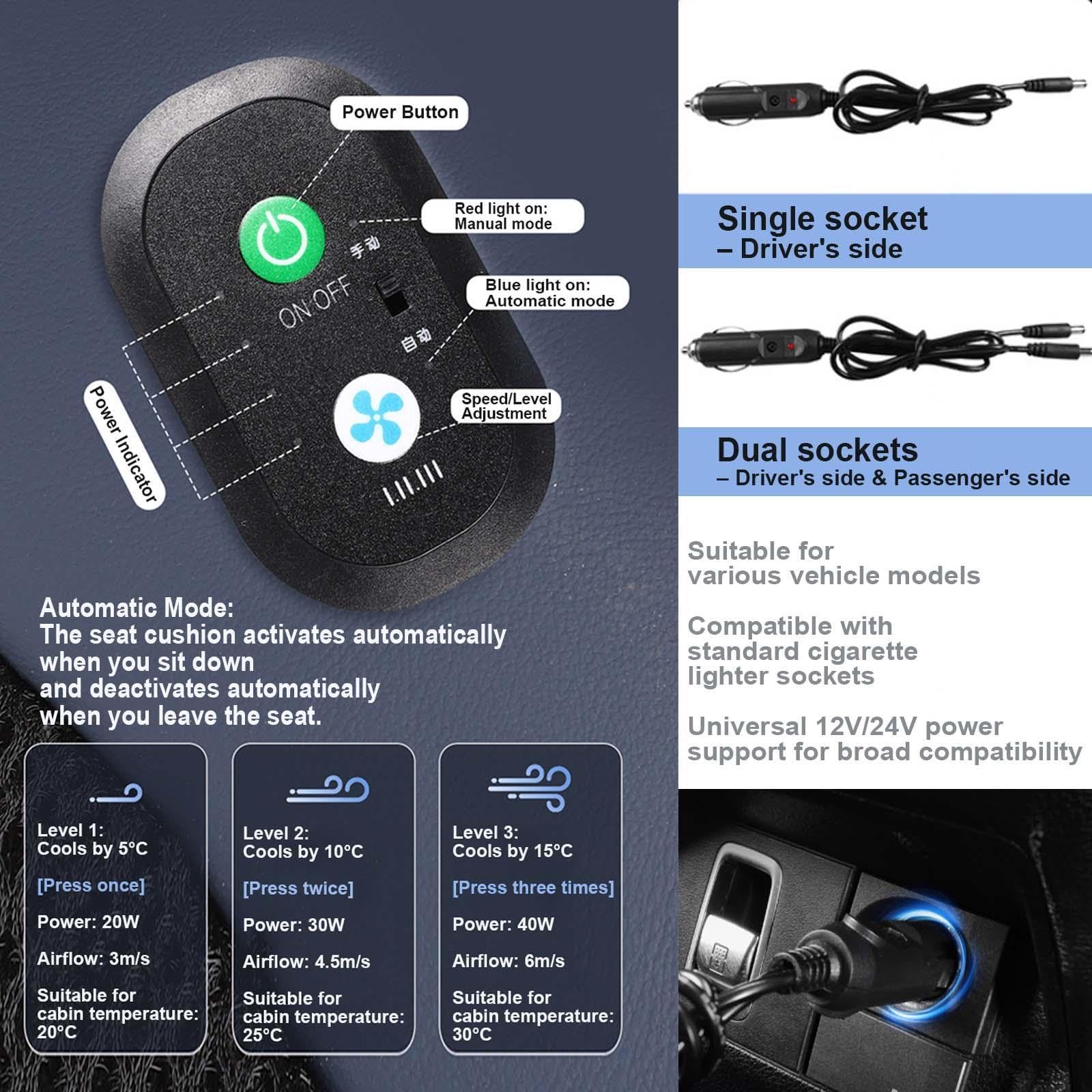 Coprisedile Auto Con Ventilazione 3 Livelli Regolabili Ventilatore Turbo da 24 Pollici Coprisedile Refrigerante Auto per auto SUV camion universale,black-12V-Single-seat