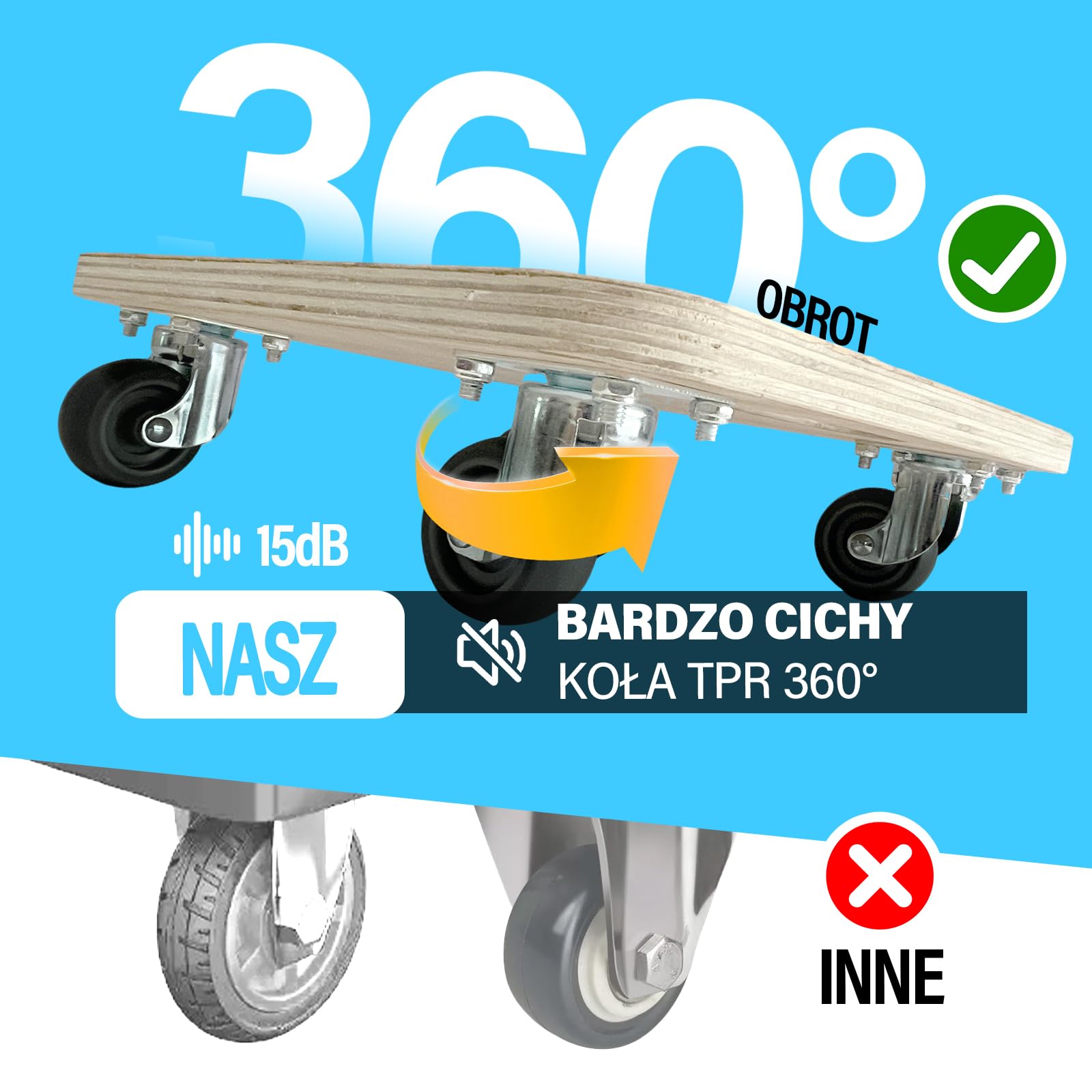 Drewniana Podstawka na Rośliny z Sznurkiem i Hakiem | Platforma 30×30 cm, 1,8 cm Grubości | Udźwig 200 kg | Ciche Kółka 360° | Uchwyt, Bez Montażu