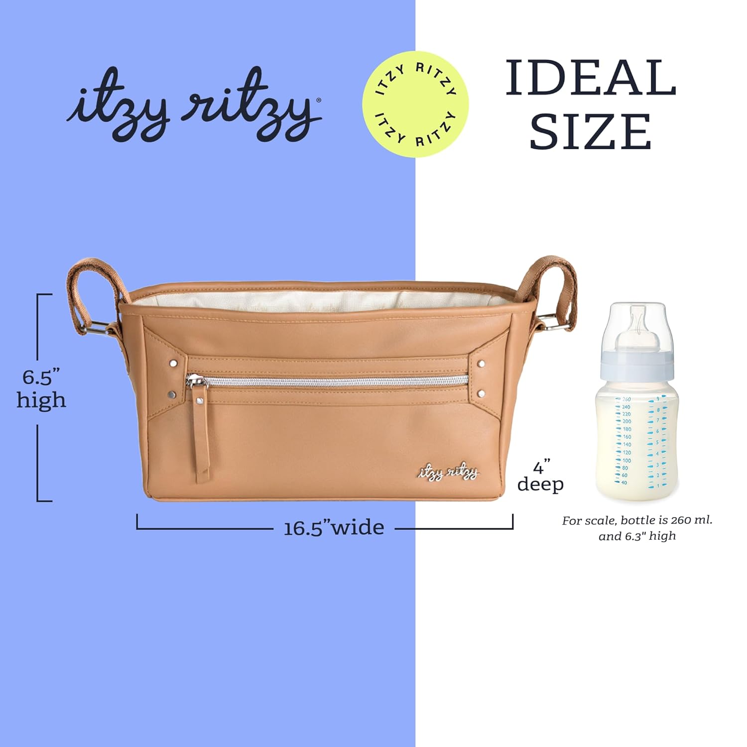 Itzy Ritzy Adjustable Stroller Caddy and Organizer Bag Featuring Front Zippered Pocket, 2 Built-In Interior Pockets & Adjustable Straps to Fit Nearly Any Stroller (Chai)