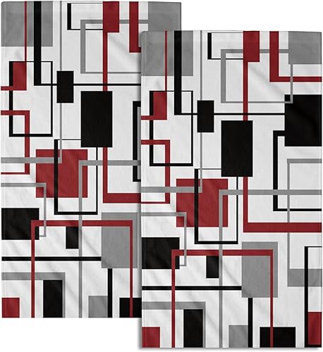 Juego de 2 toallas de mano modernas, abstractas, absorbentes, para invitados, color rojo, negro y gris, toallas suaves para cocina, decoración de