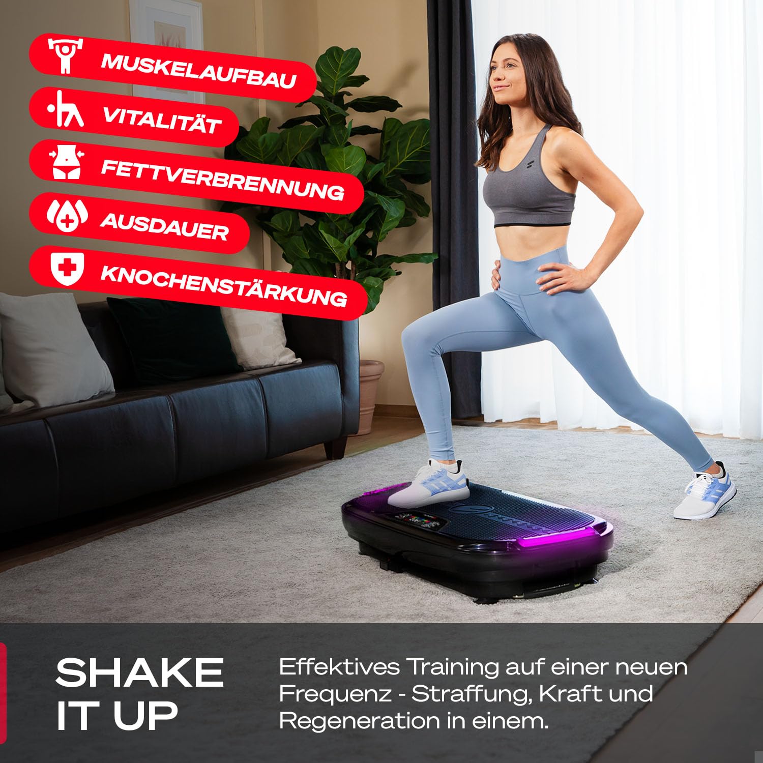 Sportstech VP275 3D Vibrationsplatte für Zuhause mit App-Steuerung, Rüttelplatte für Frauen & Männer, Lymphdrainage, Fettverbrennung & Muskelaufbau, Ganzkörpertraining, LED, Power Ropes, 99 Stufen