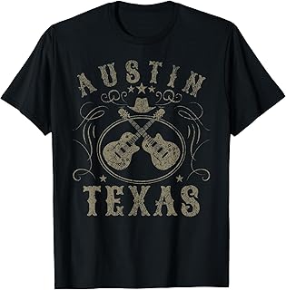 Austin Texas USA Travel T-Shirt - Unisex Adults & Kids - Black - Short Sleeve - Crew Neck - Vintage - Music - Vacation - Polyester 100% - Lightweight - Classic Fit - Detailed Fabric Composition
